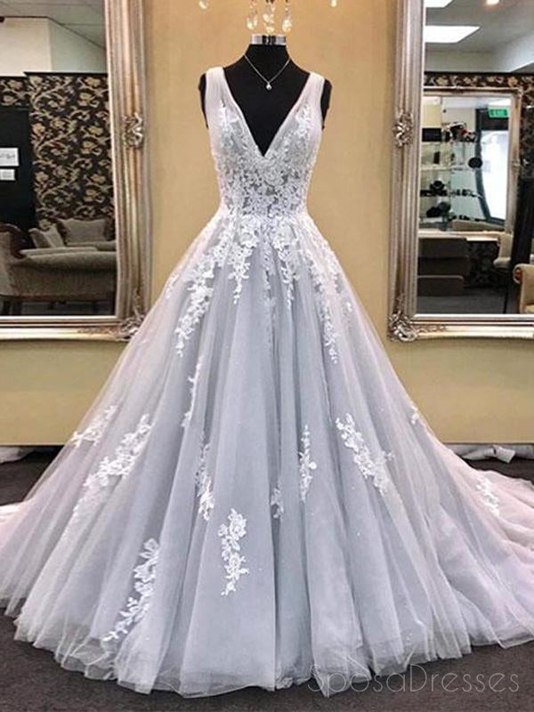 Elegant Gray Deep V-Neck Lace A-Line Long Evening Prom Dress - Custom Party Gown for Women | Perfect for Formal Events, Dances & Special Occasions