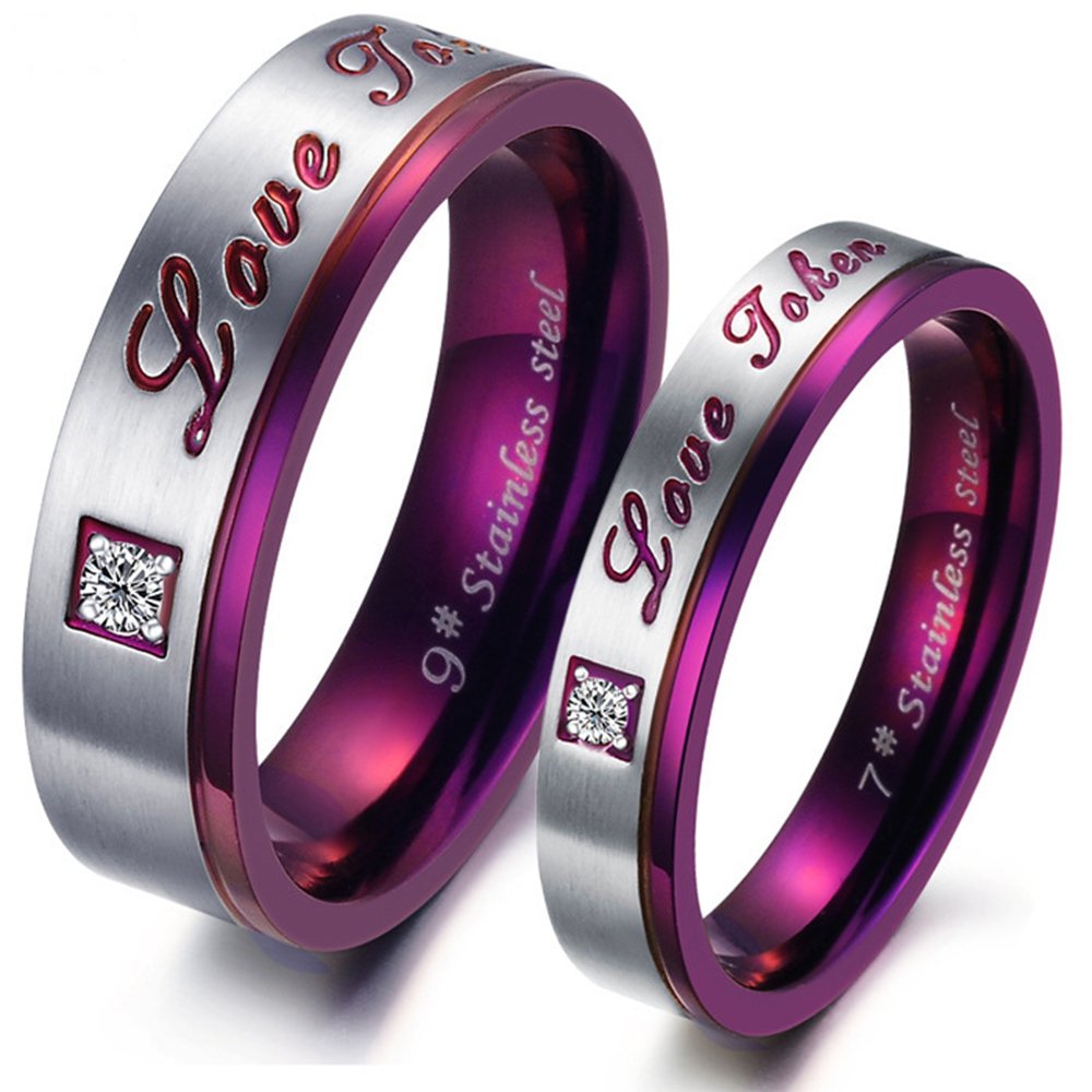 Purple Titanium Stainless Steel Couple Rings for Men & Women - CZ Inlaid Engagement Wedding Promise Bands - Unique Matching Jewelry Gift for Anniversaries, Valentine's Day & Romantic Occasions