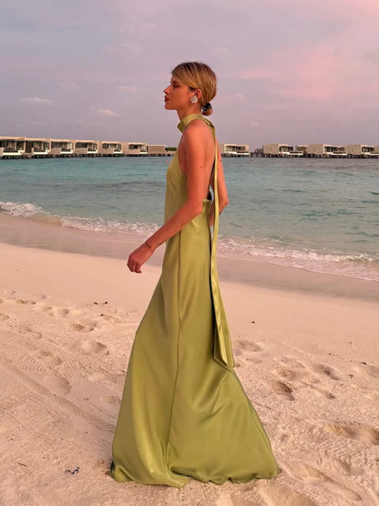 Elegant Green Satin Sleeveless Maxi Dress with Stand Neck & Lace Up Backless Design - Women's Summer Beach Vacation Dress 2025 | Perfect for Beach Parties, Weddings & Tropical Getaways