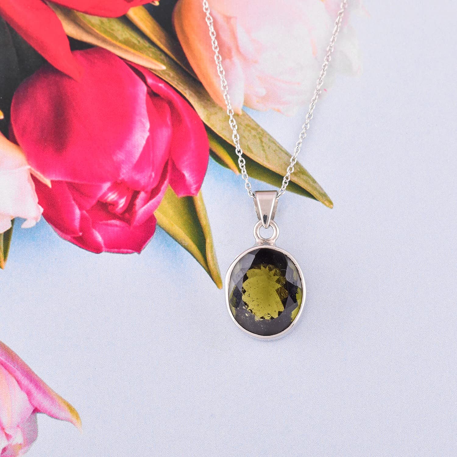 Authentic Moldavite Crystal Pendant Necklace for Women & Men - Dainty Oval Bezel Healing Chakra Jewelry with Rhodium Plated 925 Sterling Silver Chain (18 Inch) - Perfect for Spiritual Healing, Meditation & Christmas Gifts