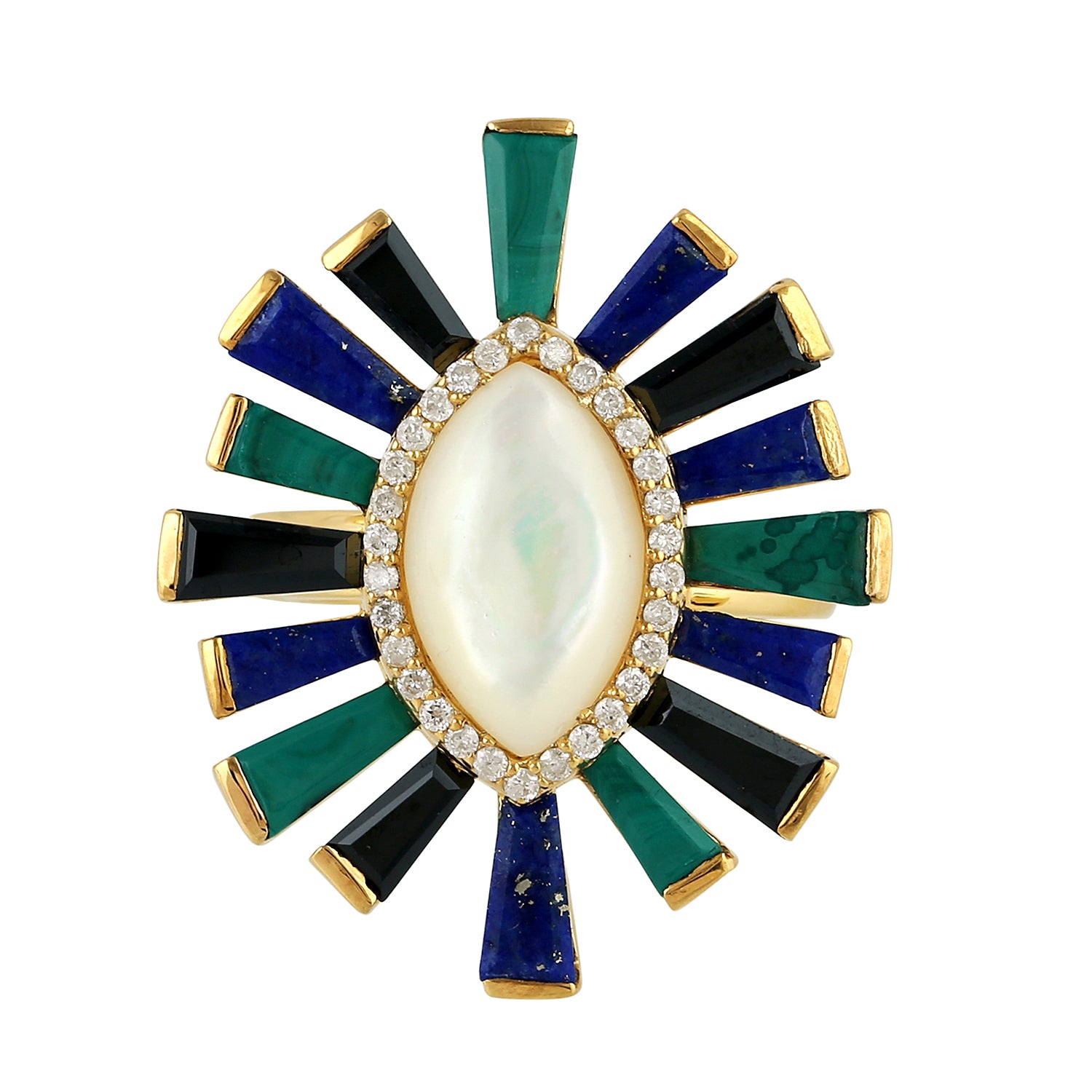 14K Yellow Gold Marquise MOP Evil Eye Ring with Baguette Spinel & Pave Diamonds - Spiritual Protection Jewelry for Women, Perfect for Daily Wear & Gift Giving
