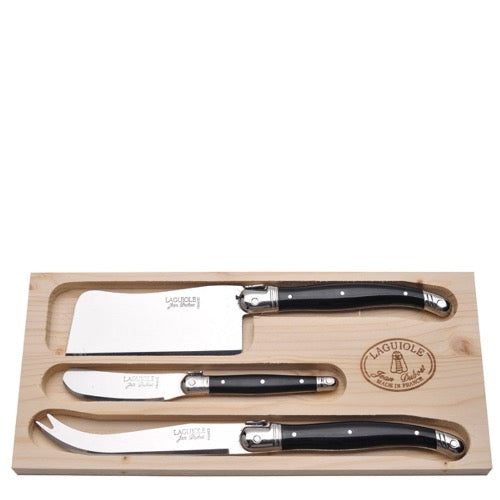 Jean Dubost Black 3-Piece Cheese Knife Set - Stainless Steel Cheese Slicer, Fork & Spreader for Cheese Platter, Charcuterie Board & Entertaining