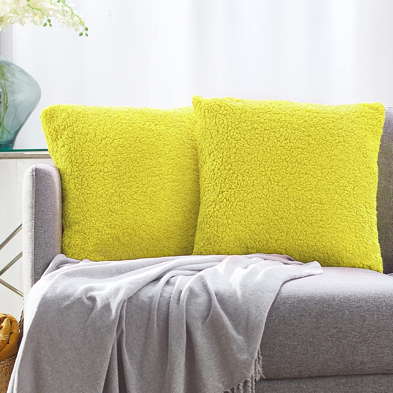 Pauleon 20x20 Pillow Covers Set of 2 - Green Sheen Sherpa Square Cushion Covers for Sofa, Couch & Living Room Decor | Soft Throw Pillow Cases for Home Accent & Cozy Comfort