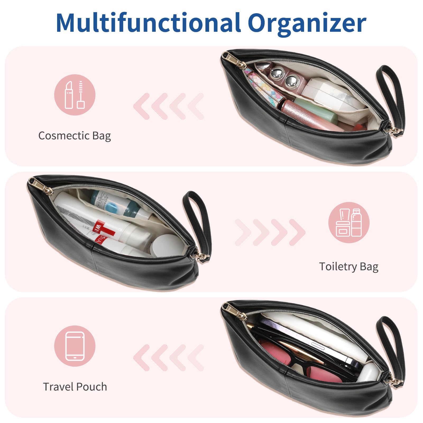 Small Makeup Bag for Women | Waterproof PU Leather Travel Cosmetic Organizer | Portable Cute Makeup Pouch for Cosmetics & Toiletries | Perfect for Travel, Gym & Daily Use (Black)