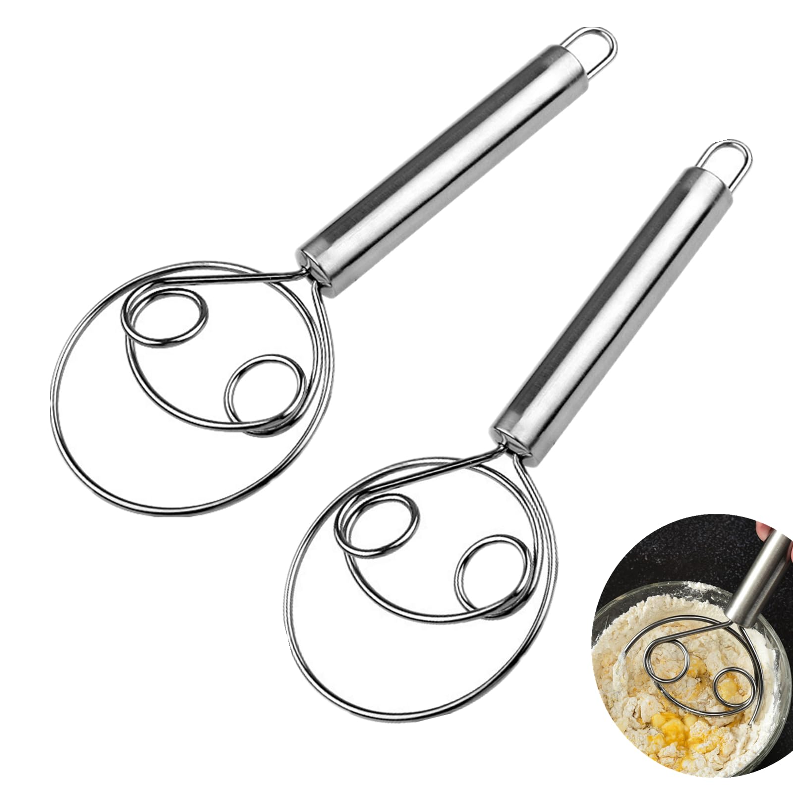 2 Pack Stainless Steel Dough Whisk Set - Dutch Style Pastry Blender & Bread Mixer for Baking Cookies, Cakes, Pizza Dough - Perfect for Home Bakers & Professional Kitchens (Silver)