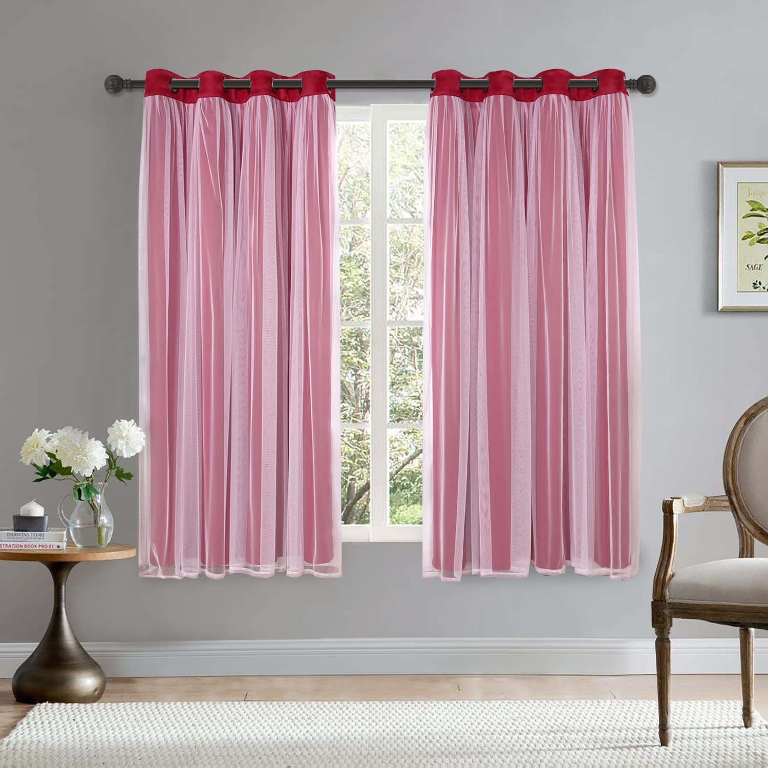 BONZER Double Layer Blackout Curtains with Sheer Voile - 52x63 Inch Set of 2 Panels, Red - Thermal Insulated Grommet Drapes for Bedroom & Living Room - Mix & Match Window Treatments for Light Control & Privacy