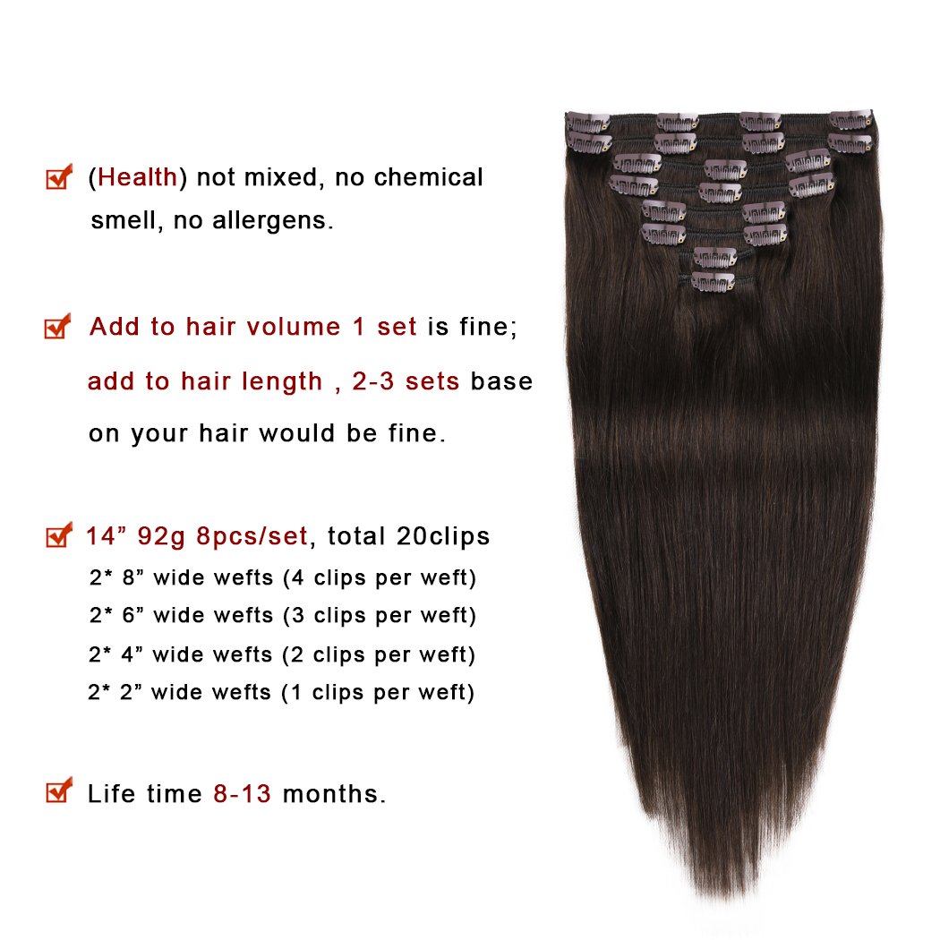 Premium Clip-in Human Hair Extensions Dark Brown #2 (14 Inch, 8 Pieces, 92g) - Thick Double Weft Remy Hair for Women - Perfect for Short Hair Styling, Volume Boost & Everyday Glam