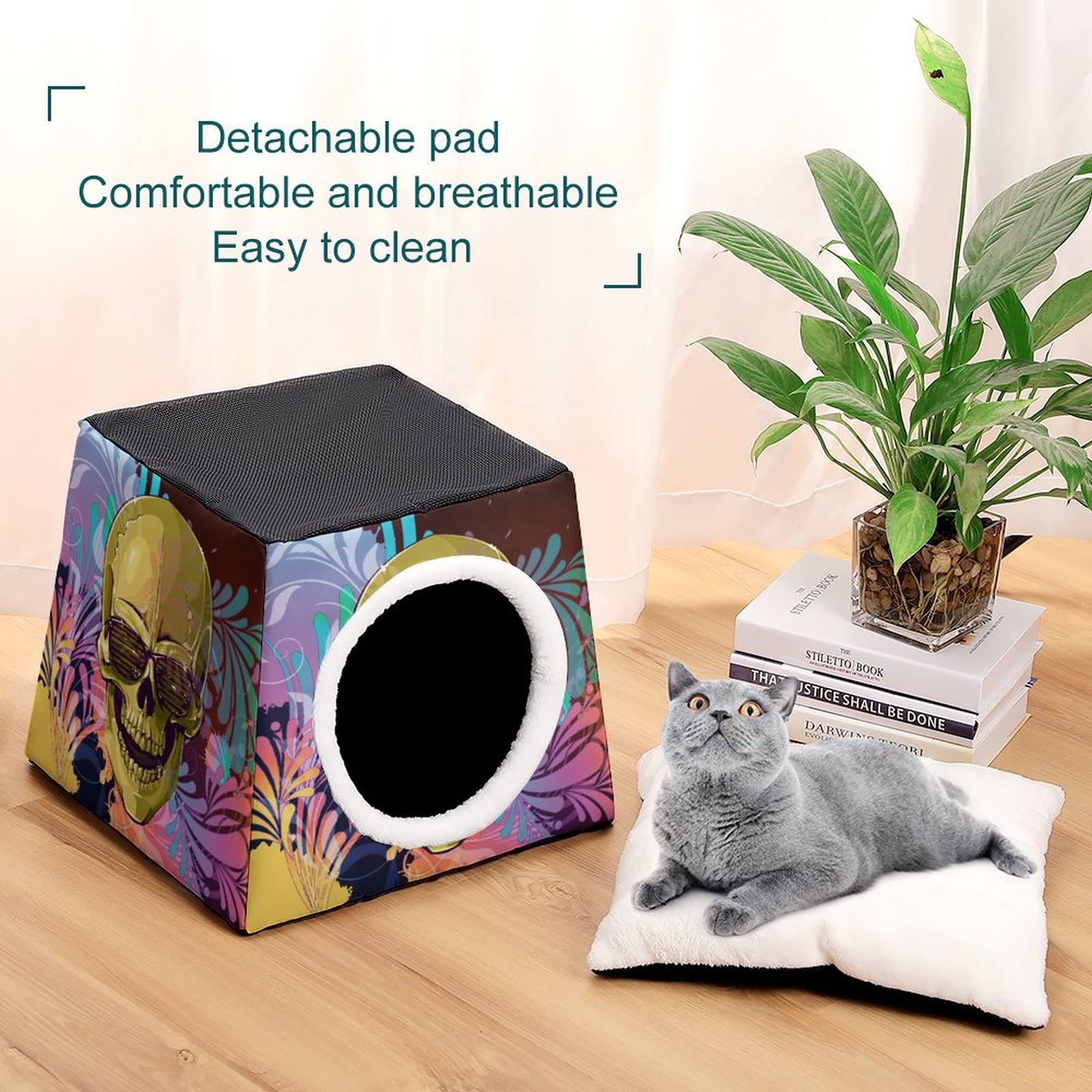 Printed Cat Cube Kitty House - Indoor Cat Bed & Small Dog Shelter - Warm & Cozy Pet Sofa with Golden Skull Design - Perfect for Cozy Napping, Playtime & Home Decor