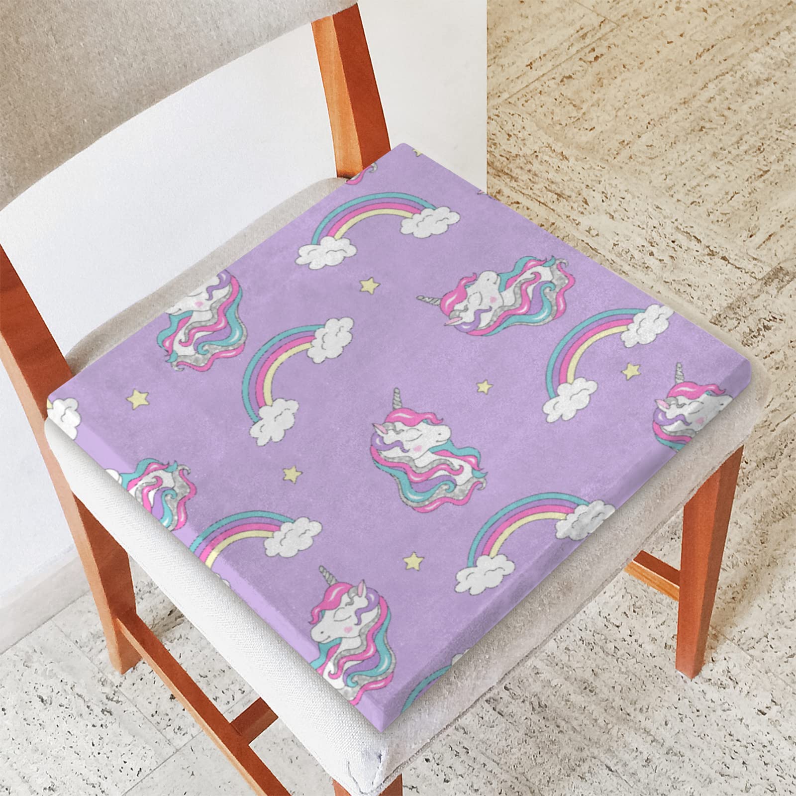 4 Pack Rainbow Unicorn Chair Cushions - 16x16 Inch Non-Slip Soft Foam Seat Pads with Removable Cover for Dining, Kitchen, Garden, Sofa - Perfect for Home Decor & Comfortable Seating
