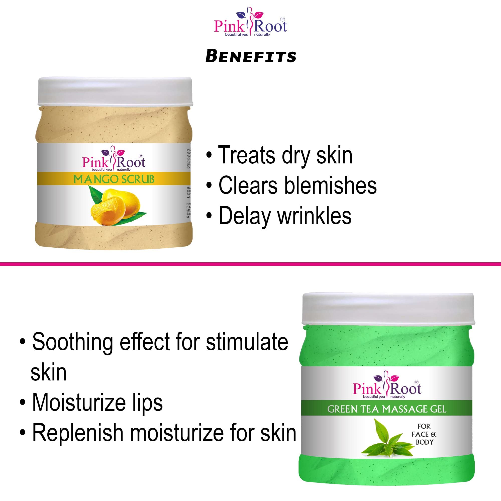 Organic Pink Root & Green Tea Massage Gel with Mango Scrub - 500ml Duo Pack for Relaxation & Exfoliation | Spa Day, Post-Workout Recovery & At-Home Self Care