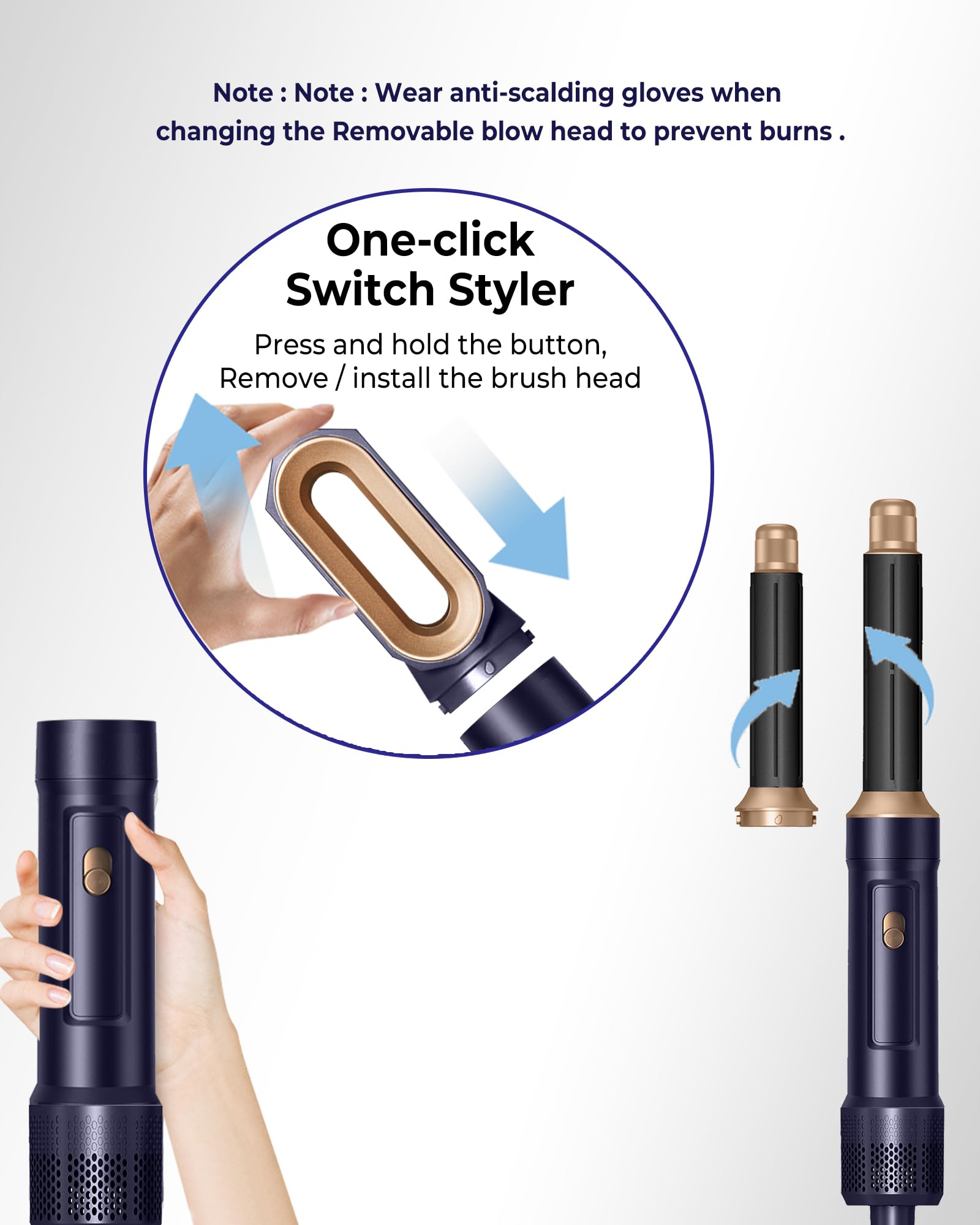 6-in-1 Detachable Hair Dryer Brush Set - Negative Ionic Hot Air Styling Tool with Round Volumizer & Curler Wand | Perfect for Salon-Quality Blowouts at Home, Travel & Daily Styling