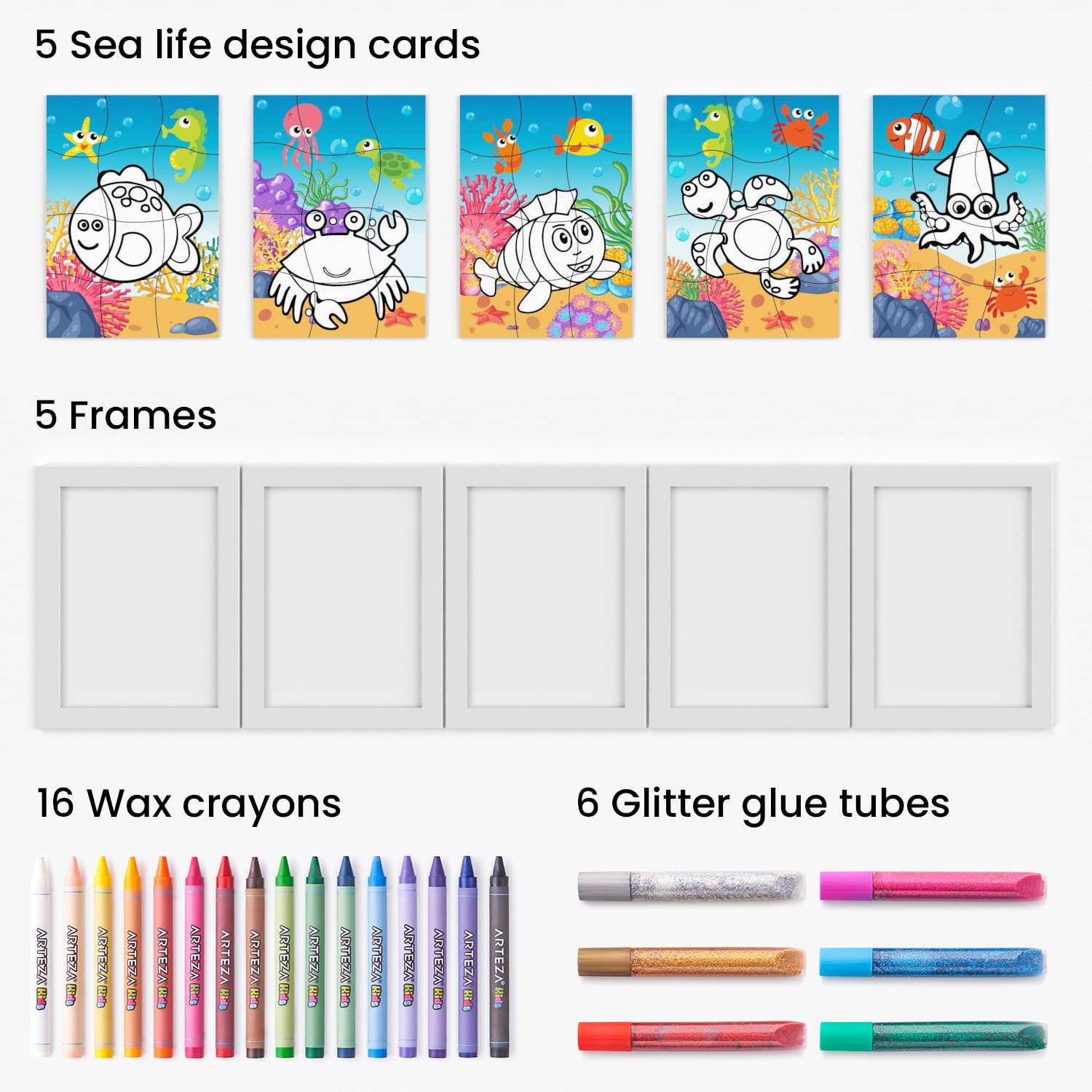 Arteza Kids Sea Life Coloring Puzzle Kit - 5 Puzzles, 16 Crayons, 6 Glitter Glue Tubes, 5 Frames - DIY Art & Craft Supplies for Ages 3+ | Screen-Free Activity, Birthday Gift, Classroom Art Project, Creative Playtime