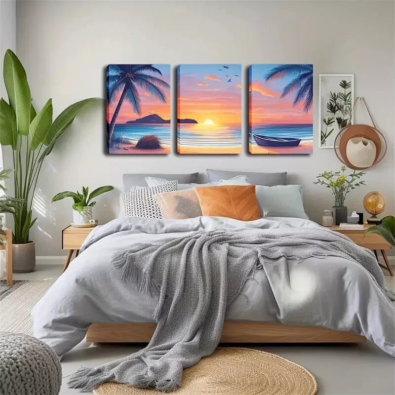 3-Piece Sunset Boat on Beach Wall Art Set - Framed Canvas 40x60cm (16x24in) - High Quality Australian Made Prints - Ready to Hang - Perfect for Living Room, Bedroom & Office Decor