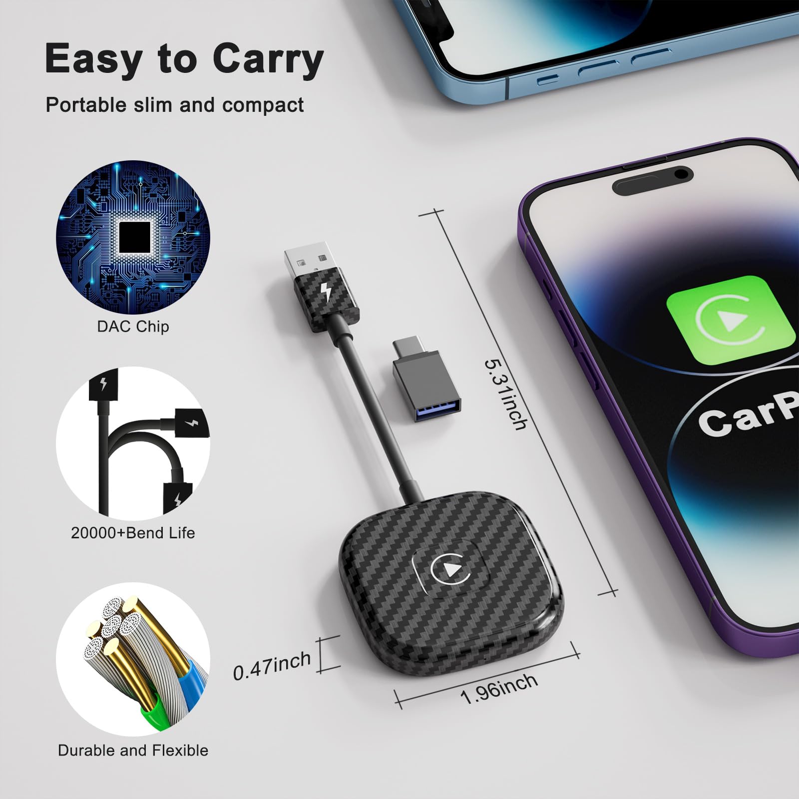 Wireless CarPlay Adapter for iPhone - Plug & Play for Cars with Wired CarPlay (Carbon) - Upgrade Your Drive