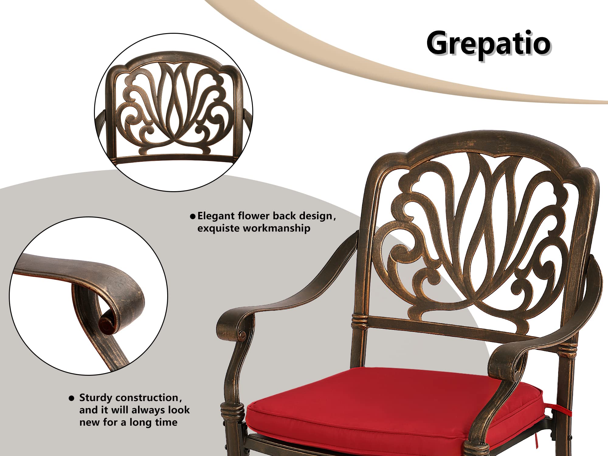 Grepatio 5-Piece Cast Aluminum Outdoor Dining Set - 4 Chairs with Cushions & 35.4