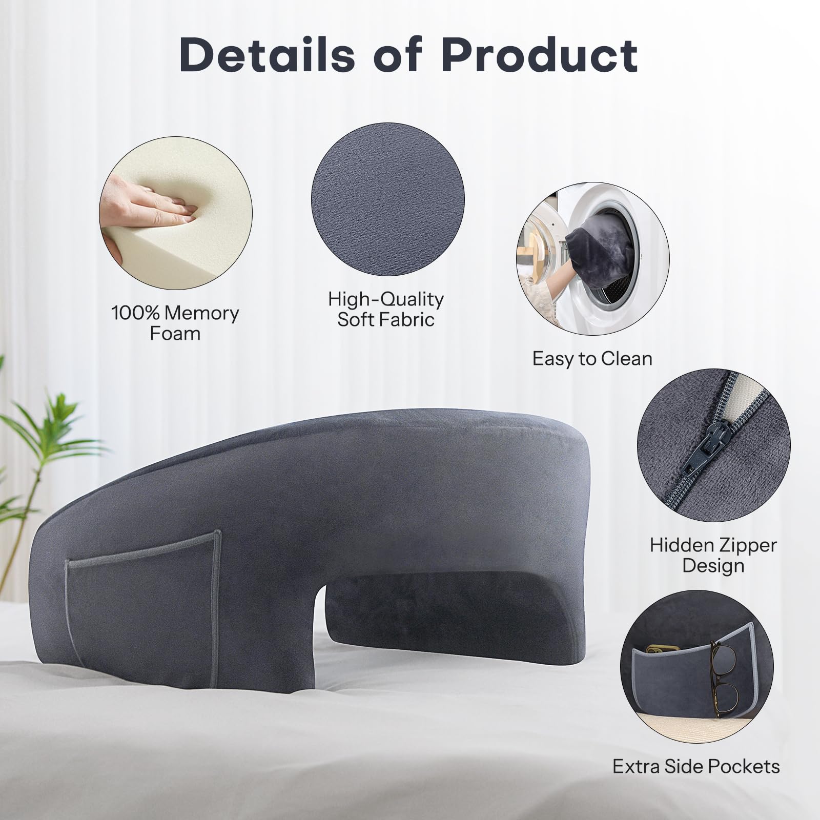 OMOTON Extra Large Memory Foam Reading Pillow - Lap Desk Pillow for Adults, Gaming Pillow with Arm Rest - Perfect for Reading, Working & Playing in Bed or Sofa - Comfortable Body Support (Deep Grey) - Ideal for Home Office, Gaming Setup & Relaxation
