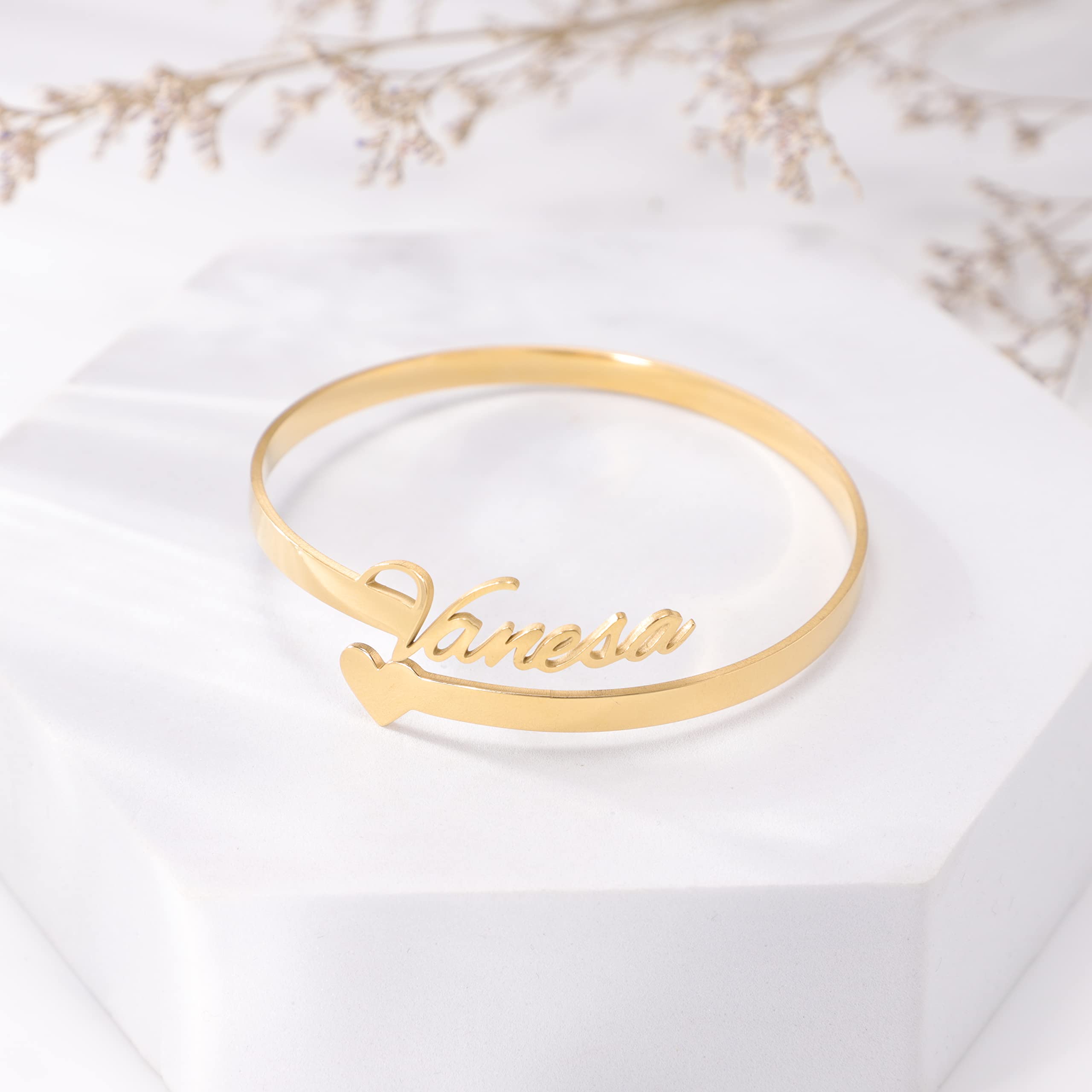 **Personalized Name Bracelets for Women - 18K Gold Custom Engraved Name Cuff Bangle Jewelry Gift for Mom, Daughter, Wife - Perfect for Birthdays, Anniversaries & Special Occasions**