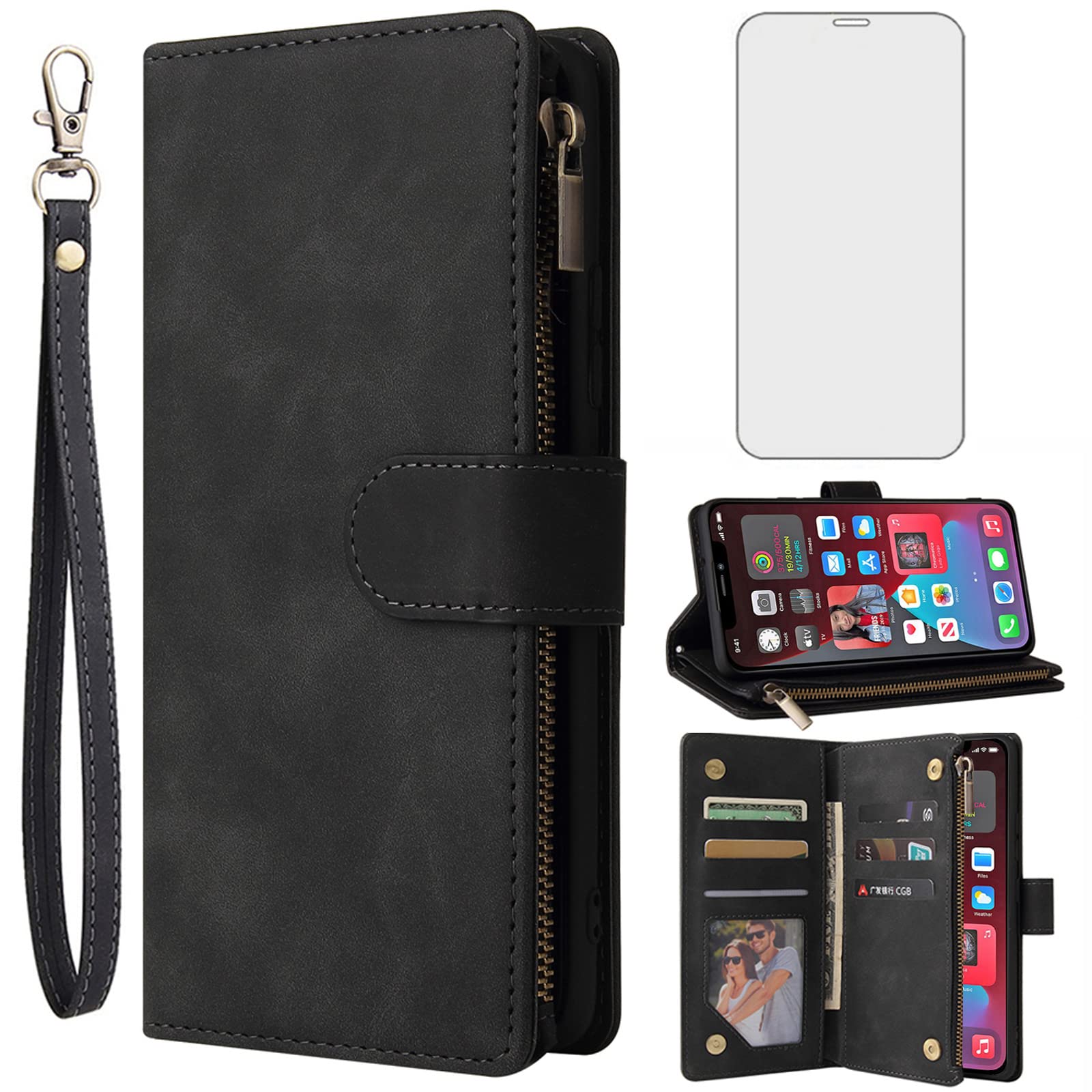 ASUWISH iPhone Xs Max Wallet Case with Tempered Glass Screen Protector - Flip Cover Card Holder & Stand - Compatible with iPhone X/XS/XR/XS Max/10/10S/10 Plus (Black) - Perfect for Work, Travel & Daily Use