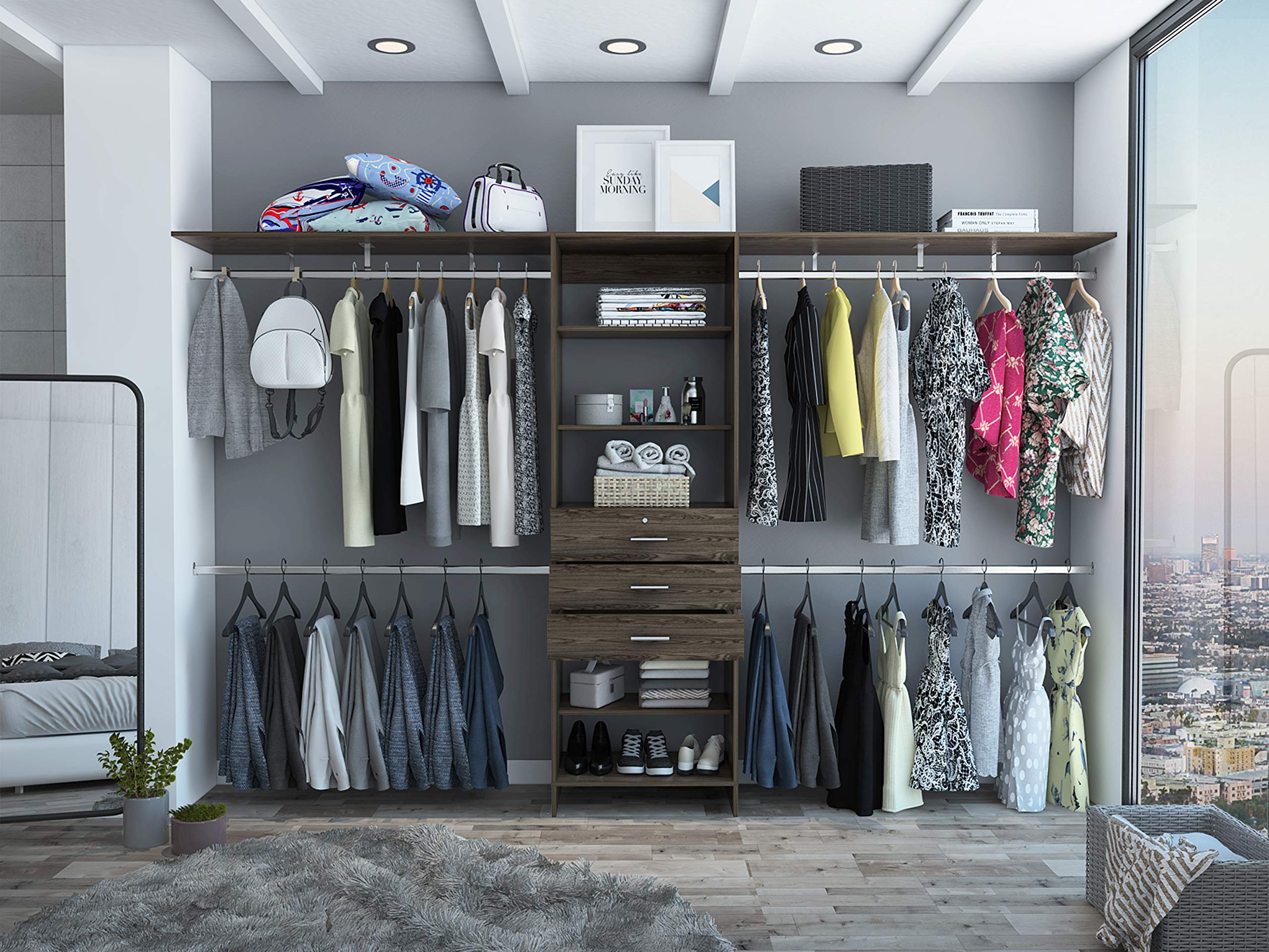TUHOME Plego Wall Mounted Closet Organizer System - Dark Walnut Wardrobe Storage with 3 Drawers, Shelves & Hanging Rods | Space-Saving Bedroom & Closet Organization Solution
