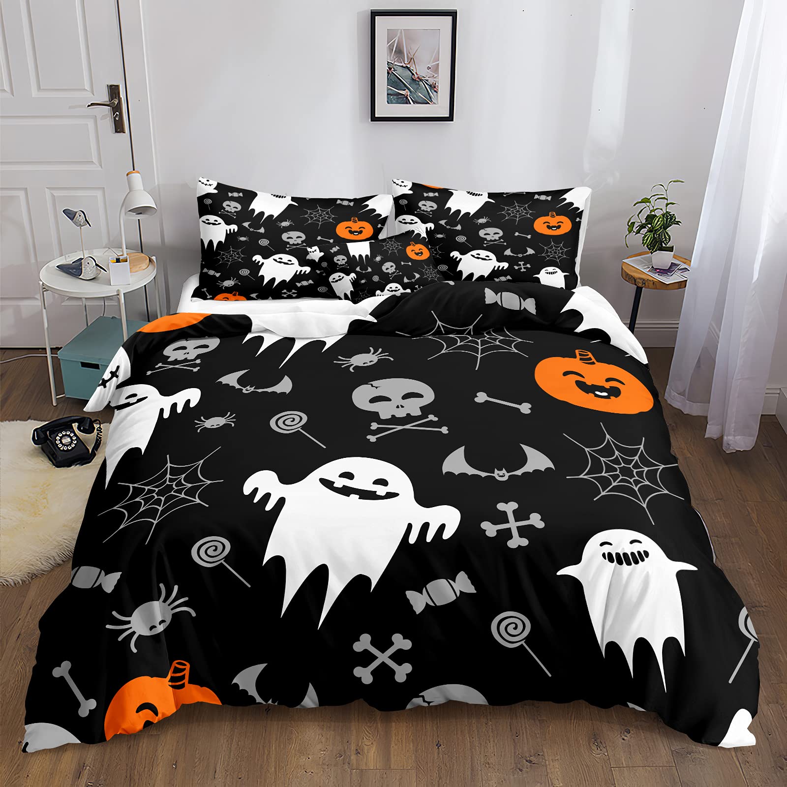 Spooky Halloween Duvet Cover Set - Queen Size Black Ghost & Pumpkin Print Bedding for Kids & Adults | Perfect for Halloween Decor, Themed Parties & Cozy Fall Nights