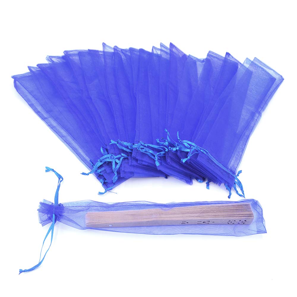50Pcs Royal Blue Organza Fan Bags - 2x10 Inches Folding Hand Fan Decorative Drawstring Pouches for Wedding Favors, Party Gifts, Bridal Shower & Birthday Celebrations