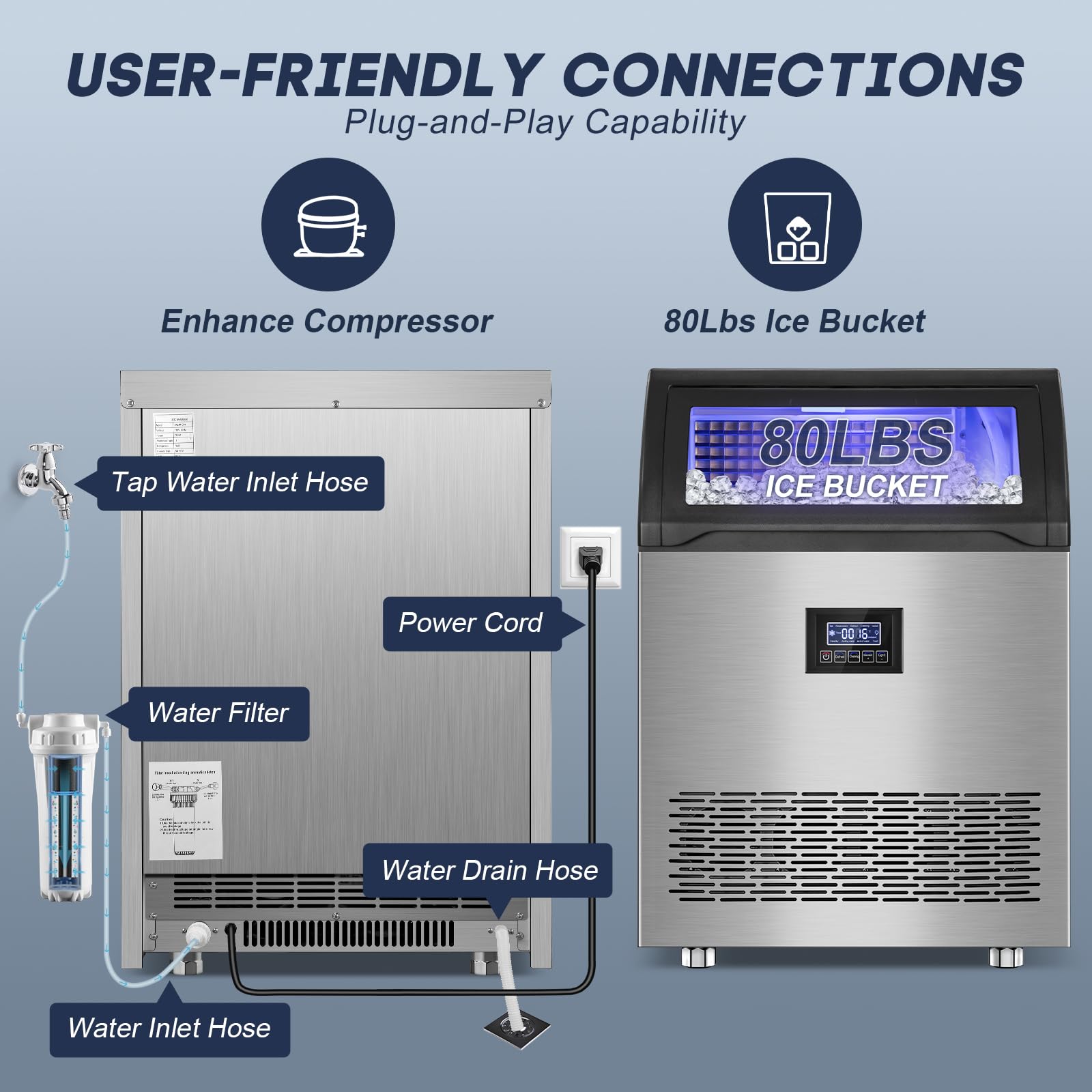 Commercial Ice Maker Machine 360LBS/24H with 80LBS Storage Bin - 126 Ice Cubes Per Batch, Stainless Steel Undercounter or Freestanding Ice Machine for Home Bar, Restaurant, Outdoor Party - Self Cleaning & Energy Efficient