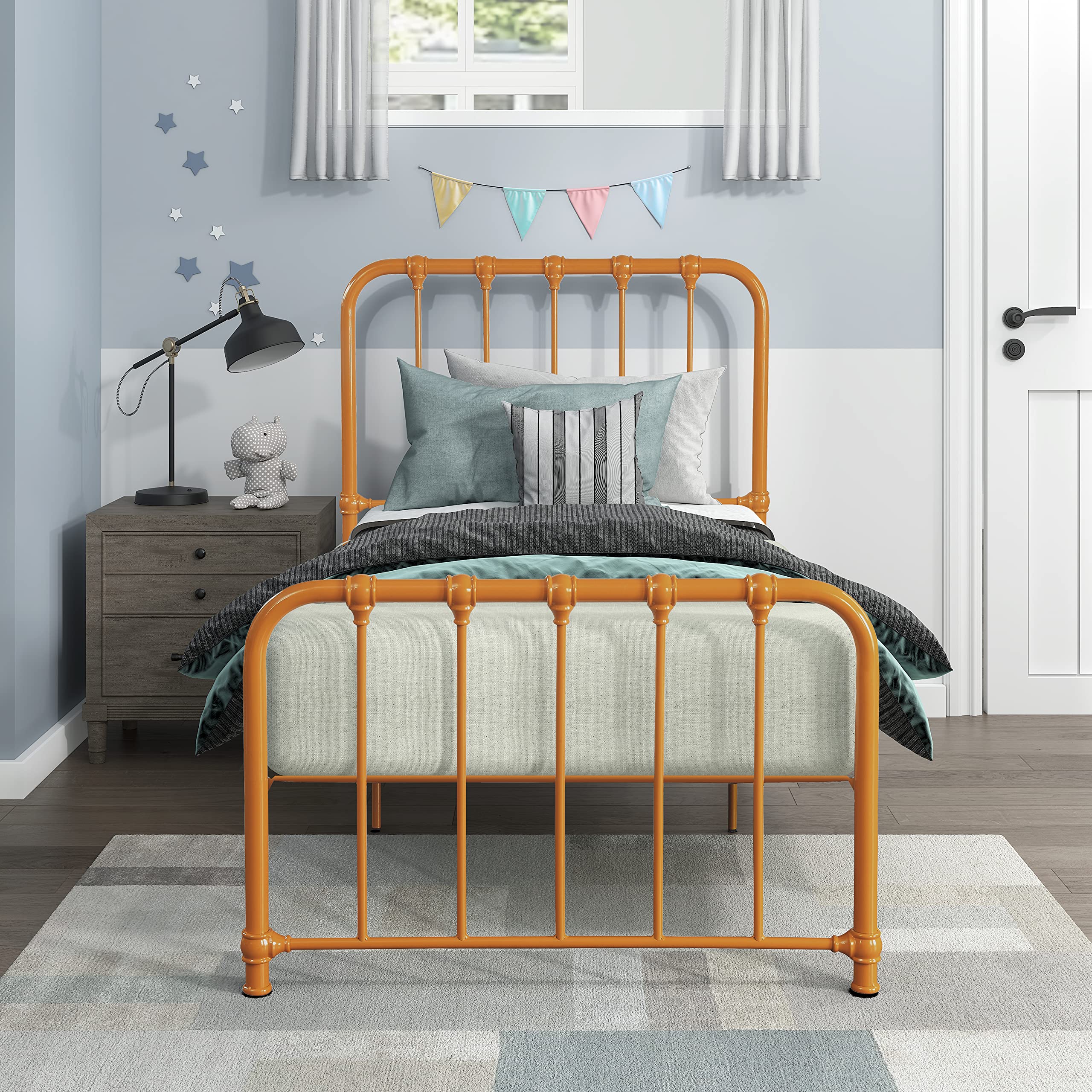 Lexicon Twin Metal Bed Frame with Headboard - Sturdy Platform Bed with Metal Slat Support, Under Bed Storage Space, No Box Spring Needed - Easy Assembly, Orange - Perfect for Kids' Rooms, Guest Bedrooms & Small Spaces