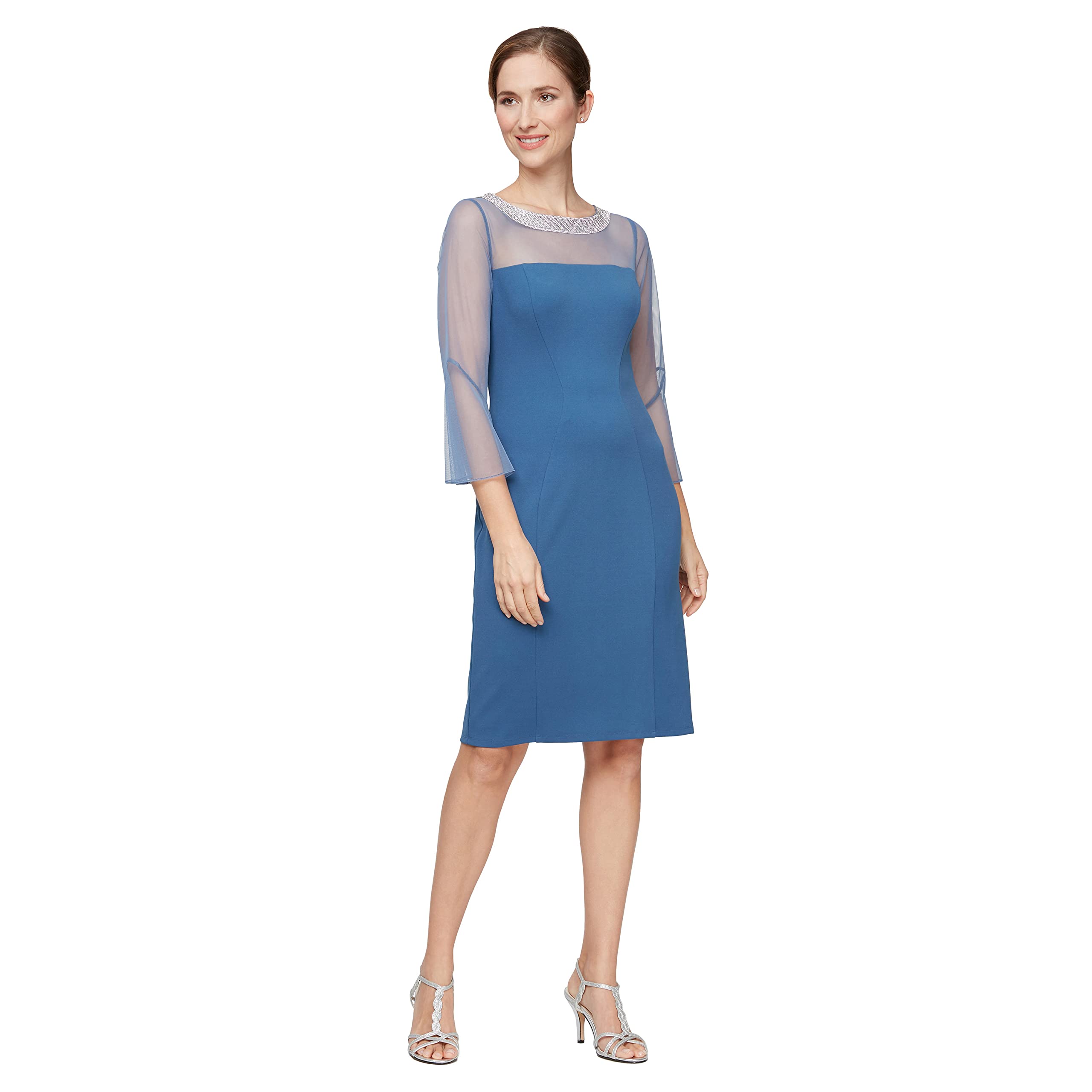 Alex Evenings Women's Short Shift Dress with Embellished Illusion Neckline - Elegant Cocktail Party & Wedding Guest Dress for Special Occasions