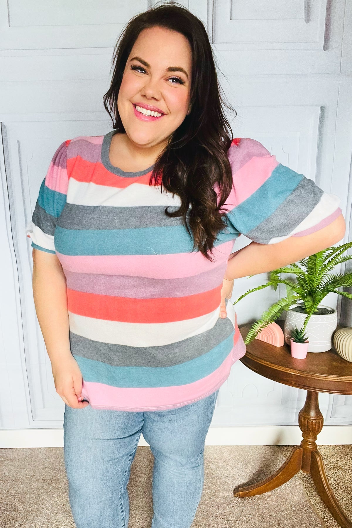 Look Out Teal & Rose Striped Hacci Knit Puff Sleeve Top | Women's Fashion Blouse | Casual & Party Wear | Perfect for Date Nights & Office Outfits