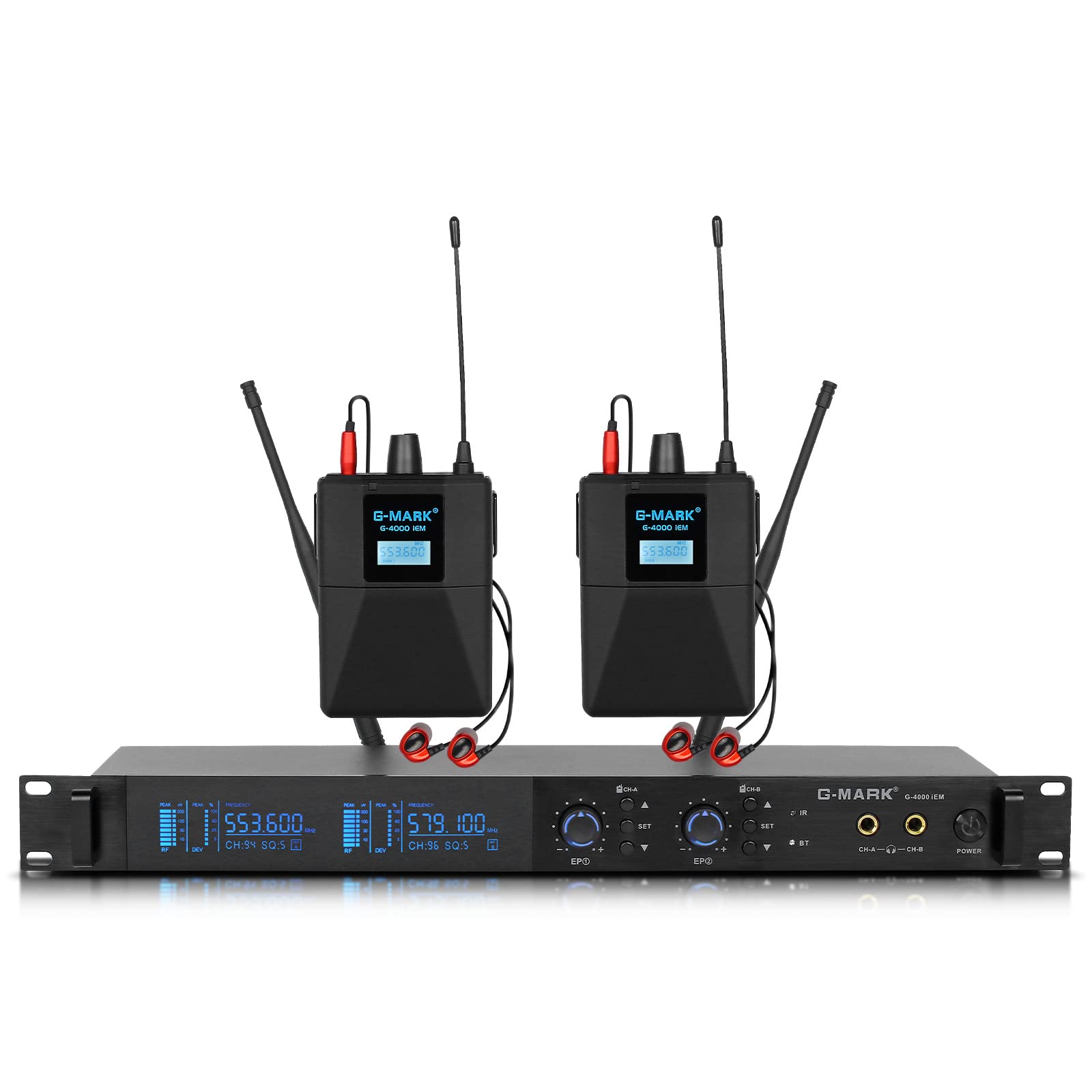 G-Mark G4000 UHF Wireless In-Ear Monitor System - Dual Channel IEM with Selectable Frequencies for Live Stage, Recording Studio & Band Performances (Includes 2 Bodypack Receivers & Transmitter) - Perfect for Musicians, DJs & Audio Professionals