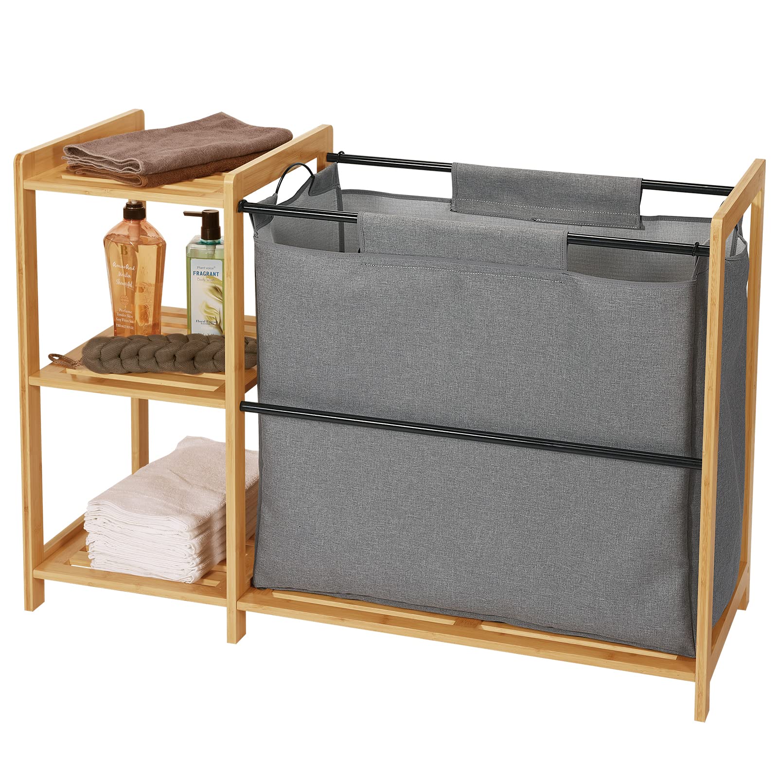 Bamboo Laundry Hamper with Shelves - Freestanding Laundry Basket Organizer with Removable Bags - Natural Wood Storage Cabinet for Bedroom, Bathroom & Laundry Room - Perfect for Clothes Sorting and Home Organization