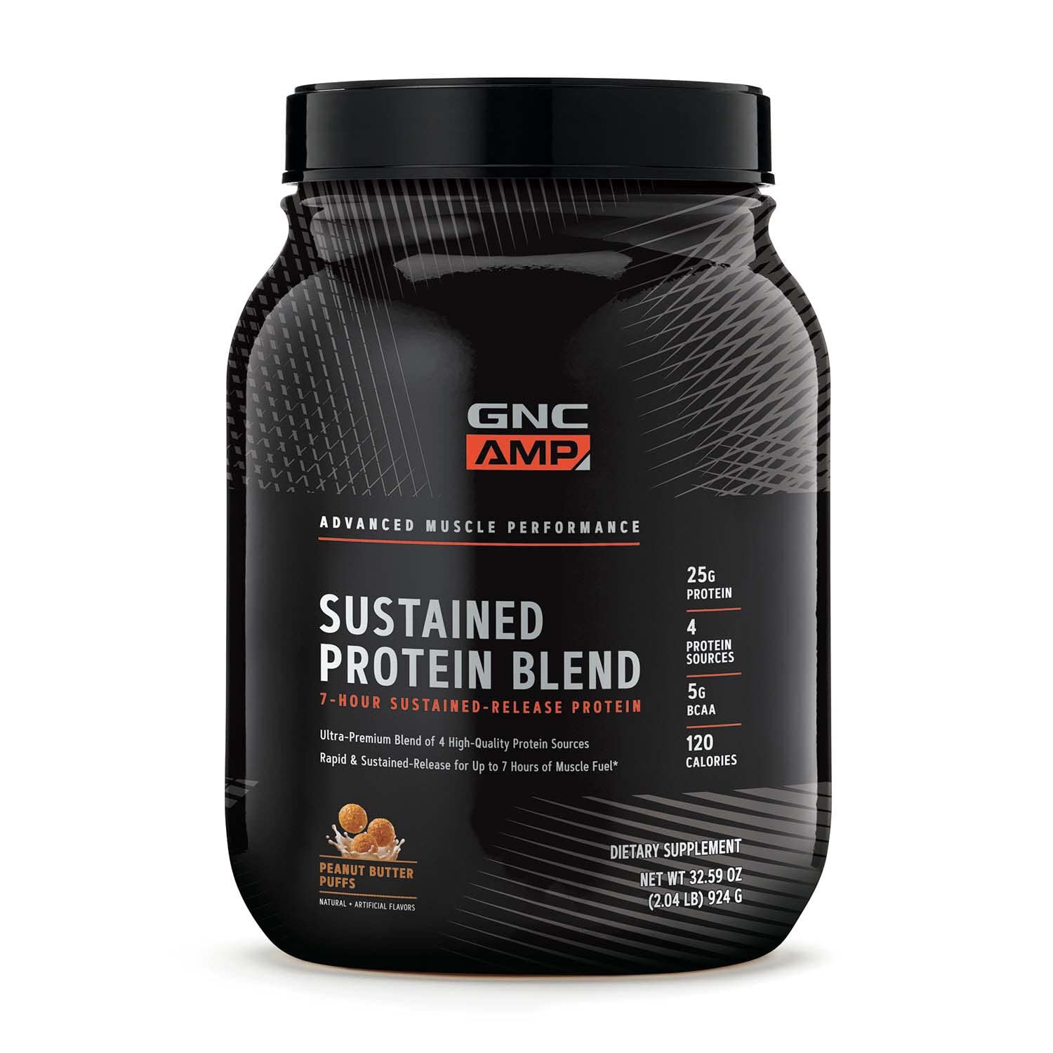 GNC AMP Sustained Protein Blend - Muscle Building & Recovery Formula with 4 Protein Sources for Fast & Slow Release | Gluten Free Peanut Butter Flavor | 28 Servings | Perfect for Post-Workout & Meal Replacement