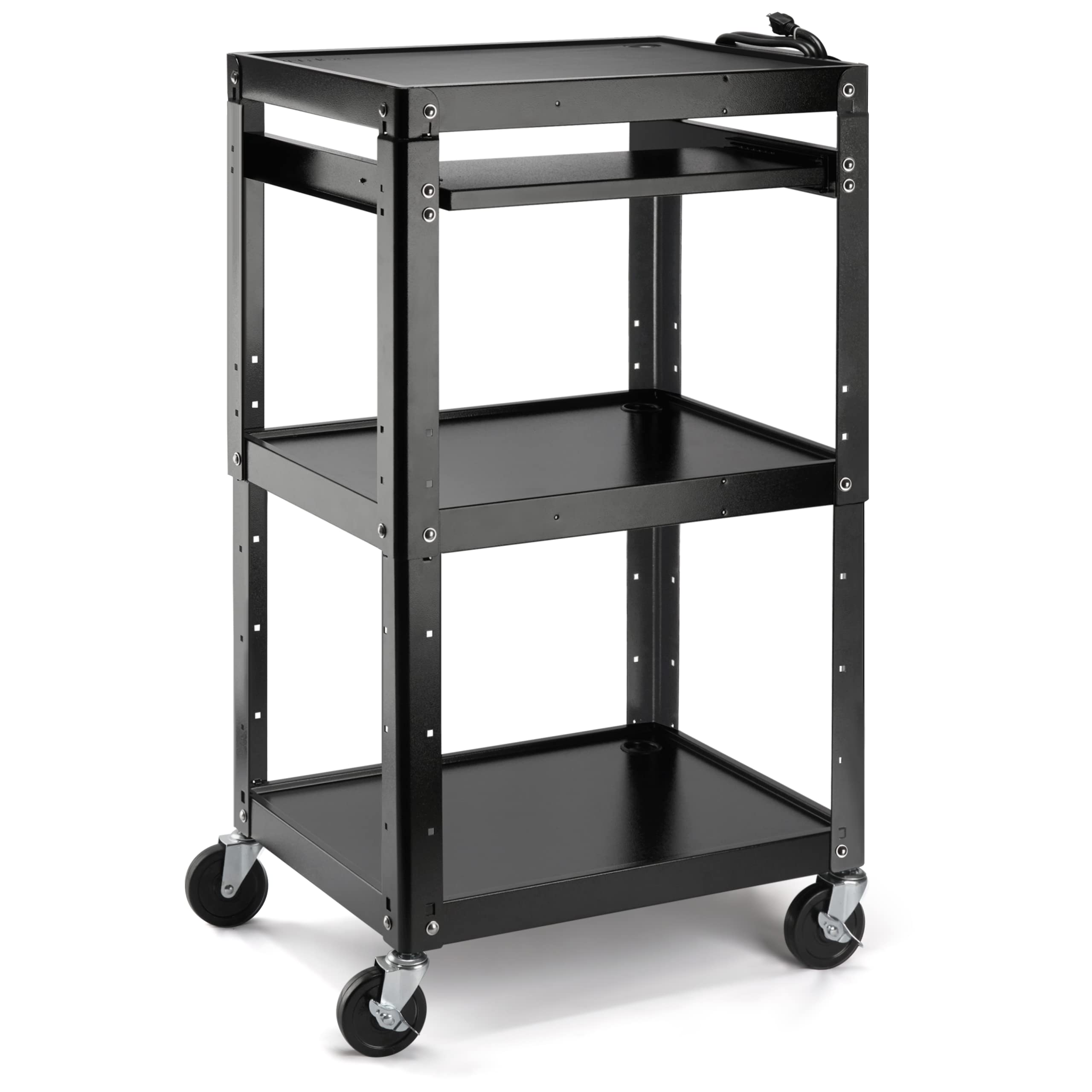 AV Presentation Cart Stand for Video Projector, TV, Laptop, Printer - Heavy Duty Metal Rolling Cart with Adjustable Shelves, 4 Wheels & Power Outlets (300 lbs Capacity, 5.75ft Cord, Black) - Perfect for Classrooms, Offices & Conference Rooms