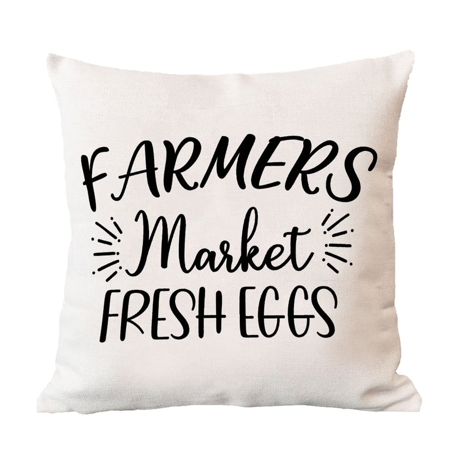 Farmhouse Decorative Pillow Cover 18x18 Inch - Farmers Market Fresh Eggs Design, White Linen Cushion Case with Farm Life Quote - Perfect for Living Room, Bedroom & Housewarming Gifts | Cozy Farmhouse Decor & Country Style Home Accents