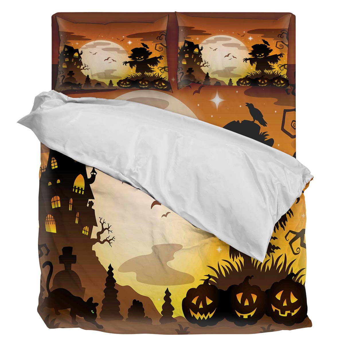 Luxury 4-Piece Twin Size Sunflower Duvet Cover Set - Soft Comforter Cover with 1 Duvet Cover, 1 Fitted Sheet & 2 Pillowcases - Halloween Witch Castle Pumpkin Theme - Perfect for Kids' Rooms, Guest Bedrooms & Seasonal Home Decor