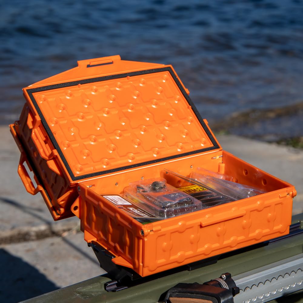 YakAttack TracPak Combo Kit - 2-Piece Stackable Fishing Gear Storage Box with Track Mount Base (Orange, SSO-1002-OR) | Waterproof Kayak & Boat Fishing Accessories for Rod Holders & Tackle Organization