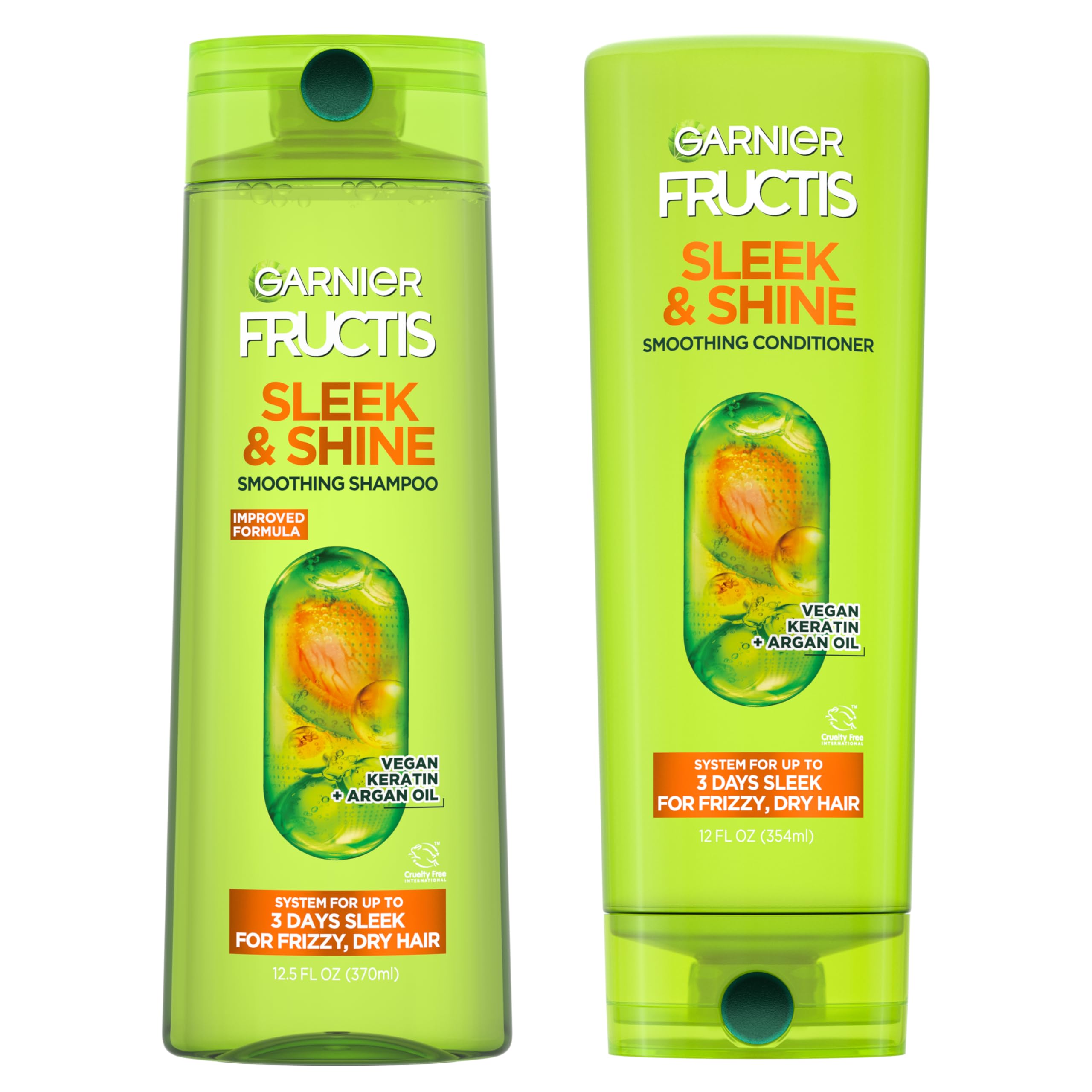 Garnier Fructis Sleek & Shine Shampoo & Conditioner Set for Frizzy Dry Hair - 22oz Shampoo + 21oz Conditioner with Plant Keratin & Argan Oil - Hydrating Hair Care Duo for Smooth Shiny Locks - Perfect for Daily Use at Home or Travel