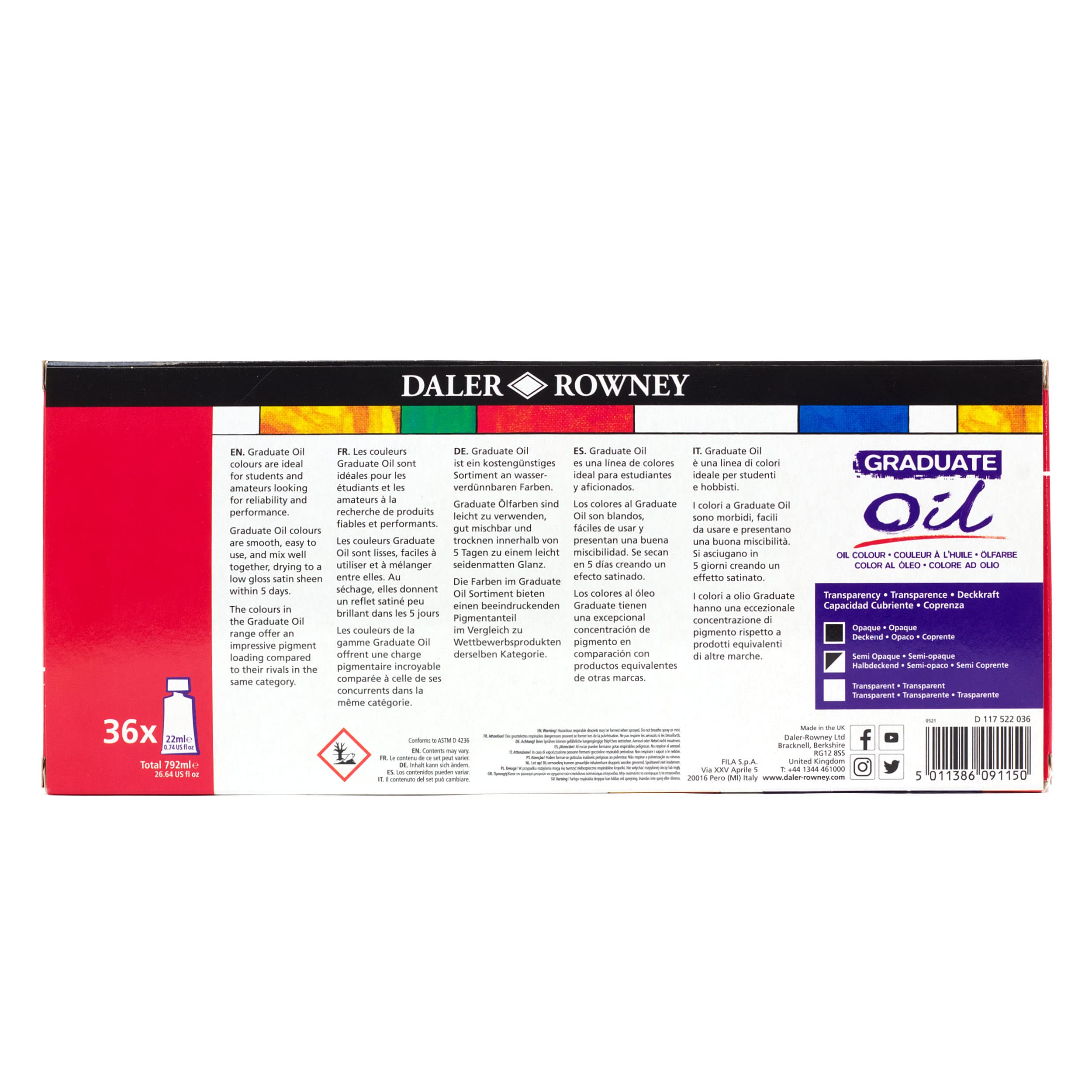 Daler Rowney Graduate 22ml Oil Paint Set - 36 Vibrant Colors with High Lightfastness - Professional Quality Oil Paints for Student Artists & Hobbyists - Perfect for Canvas Painting, Portrait Art & DIY Projects