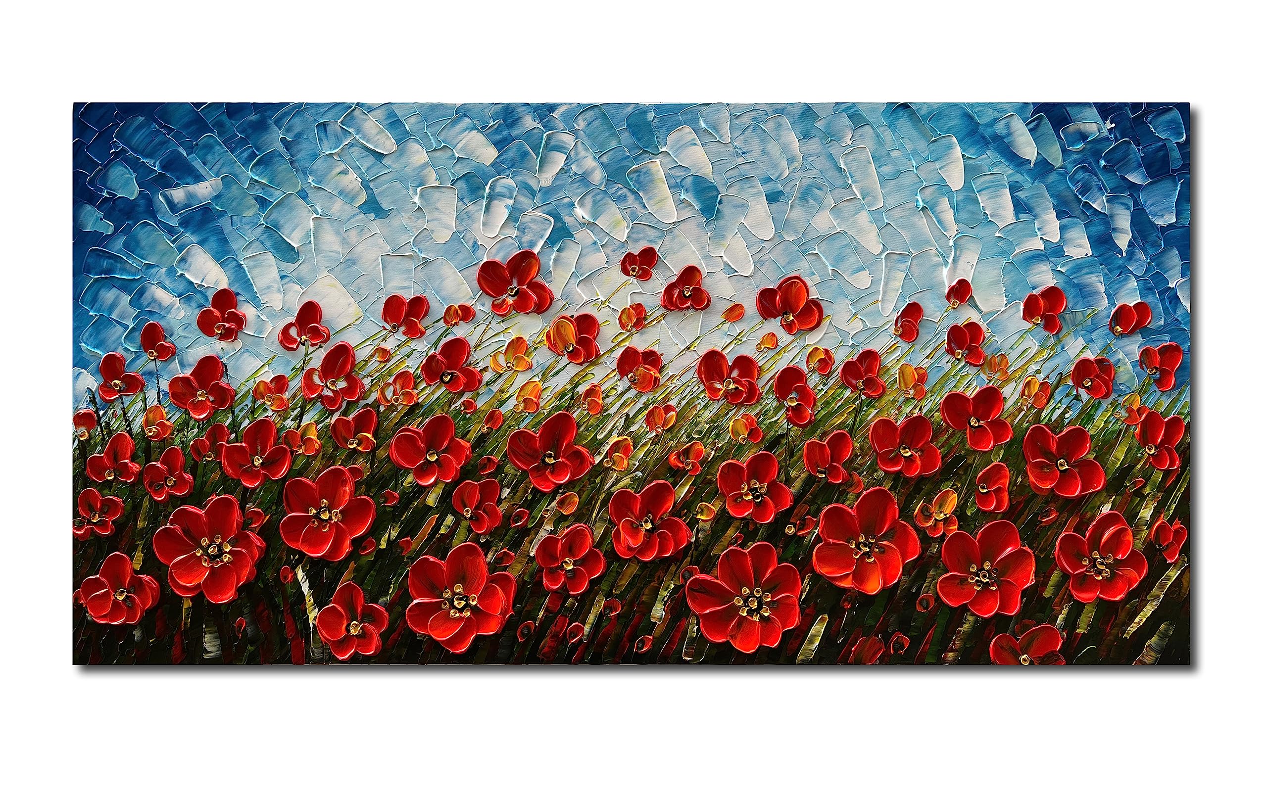 24x48 Inches Hand-Painted Red Flower Oil Painting - Contemporary Canvas Wall Art for Living Room, Bedroom & Dining Room Decor - Perfect for Home Interior Design & Gift Giving