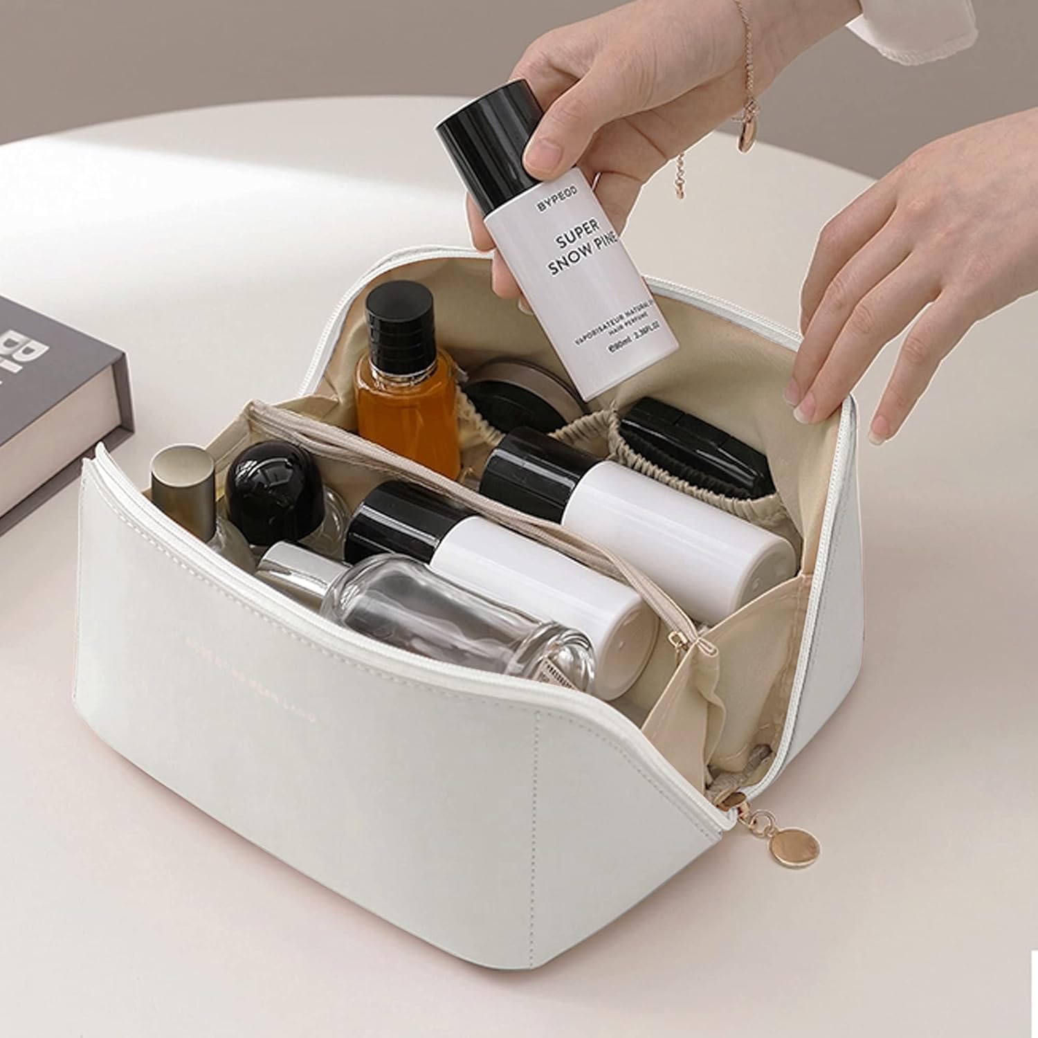 XASRVIR Women's Large Capacity Waterproof Makeup Bag - Travel Cosmetic Organizer with Flat Wide Opening (White, 5 Inch) - Perfect for Toiletries, Cosmetics & Travel Essentials | Ideal for Vacation, Business Trips & Daily Use