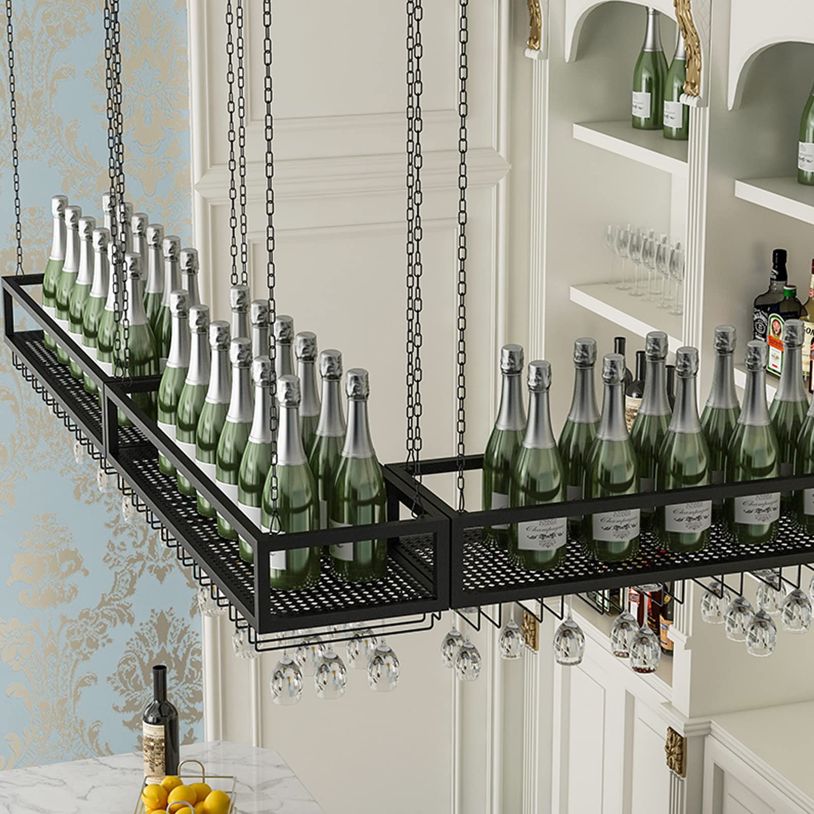 Ceiling Hanging Wine Rack - Metal Floating Storage Organizer for Wine Bottles & Stemware Glasses (140x25x20cm) - Perfect for Kitchen, Bar, Under Cabinet, Dining Room & Home Decor