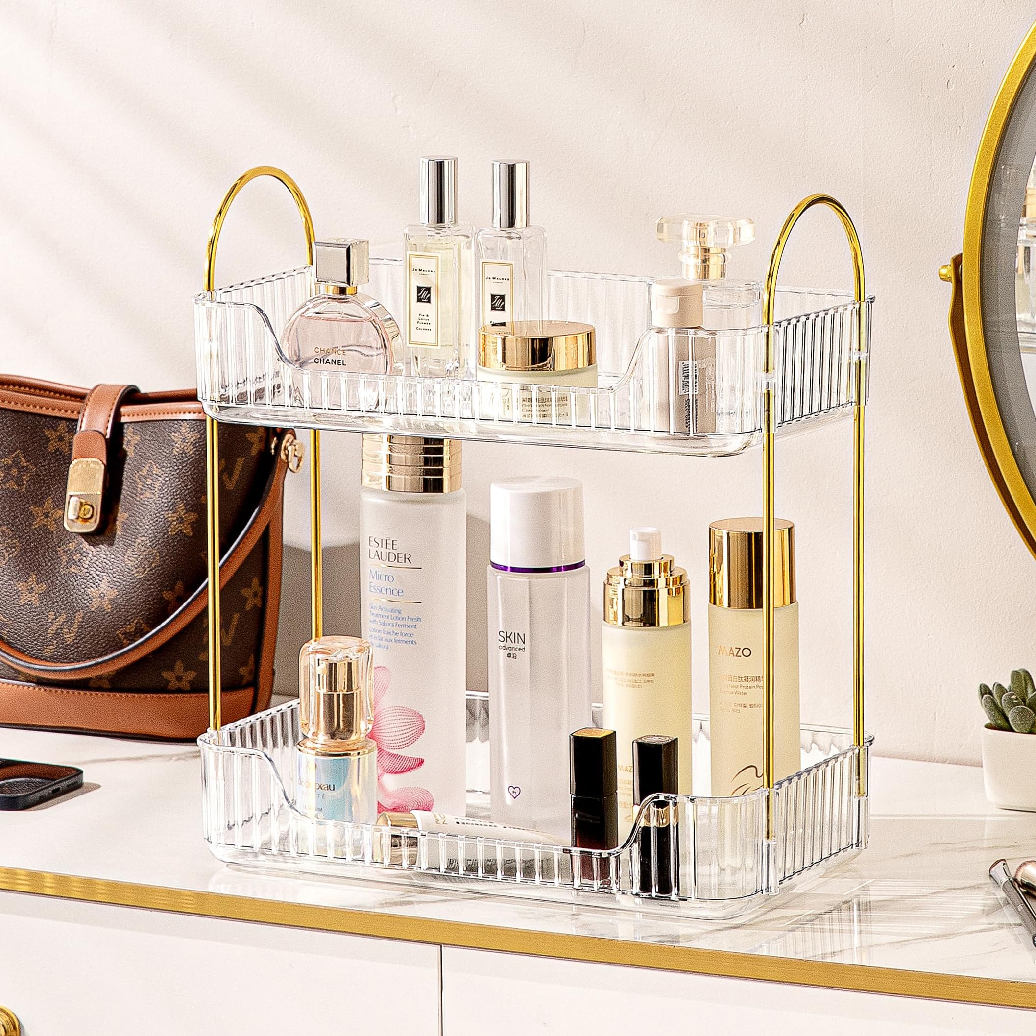 2-Tier White Bathroom Counter Organizer Shelf - Skincare & Makeup Holder for Cosmetics, Perfume, Lipstick - Perfect for Dresser, Vanity & Bathroom Countertop Storage