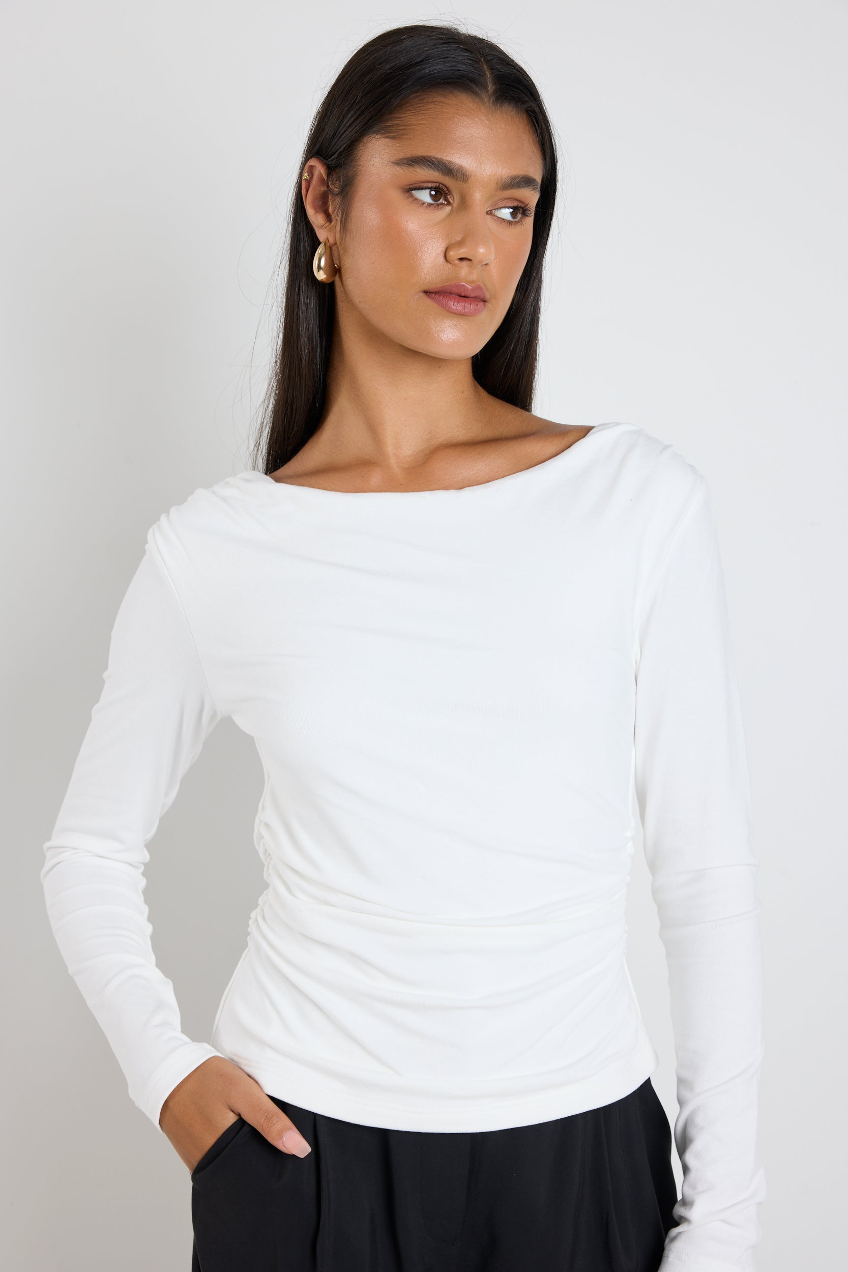 Elegant Ivory Ribbed Asymmetric Neck Top for Women - Perfect for Date Nights, Parties & Special Occasions