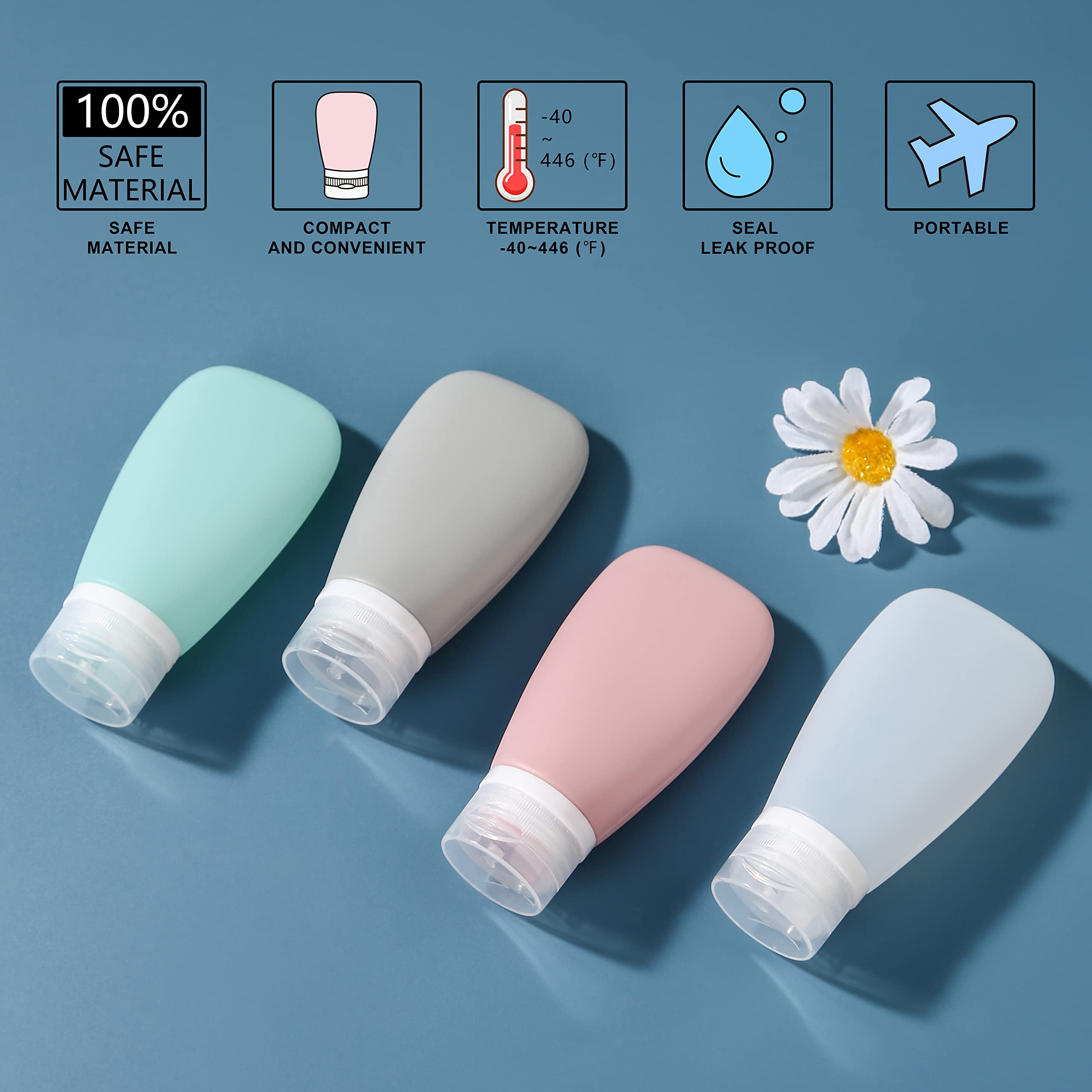 Babyshoois 4-Pack TSA Approved Silicone Travel Bottles (3oz/90ml) - Leakproof Squeeze Containers for Toiletries, BPA Free - Perfect for Airplane Carry-On, Gym Essentials & Vacation Toiletry Organization