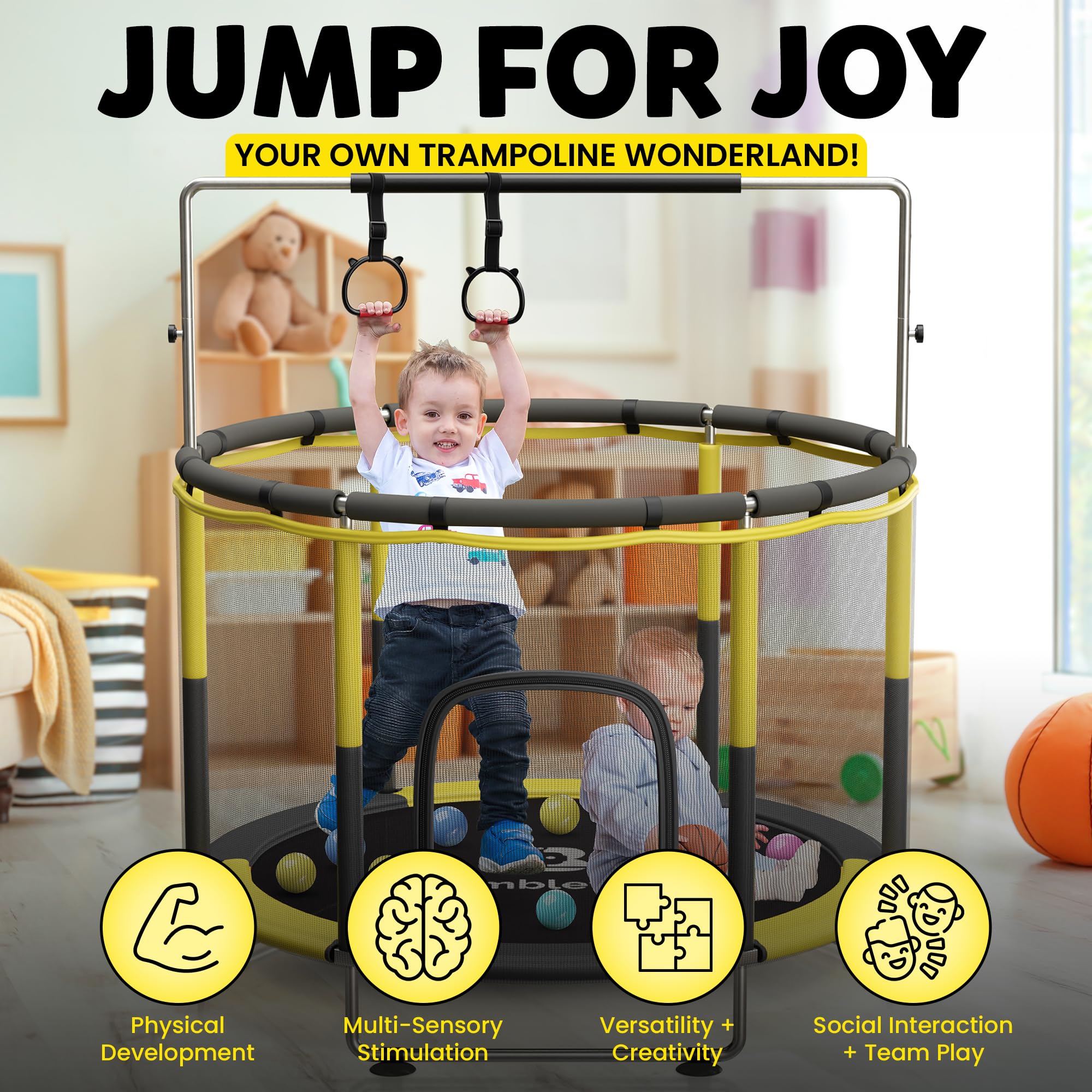 Best 5ft Toddler Trampoline for Kids Ages 3-8 - Indoor/Outdoor Jumping Toy with Safety Net, Basketball Hoop & Accessories - Perfect for Backyard, Playroom & Garden Fun