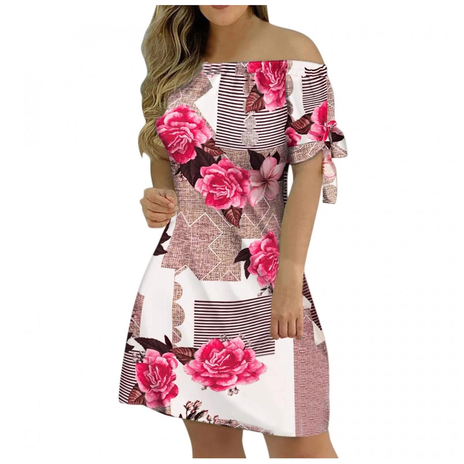 Women's Floral Print Short Sleeve Mini Dress with Shoulder Bow Knot - Casual Pullover Tunic Dress for Summer Outings, Beach Vacations & Date Nights