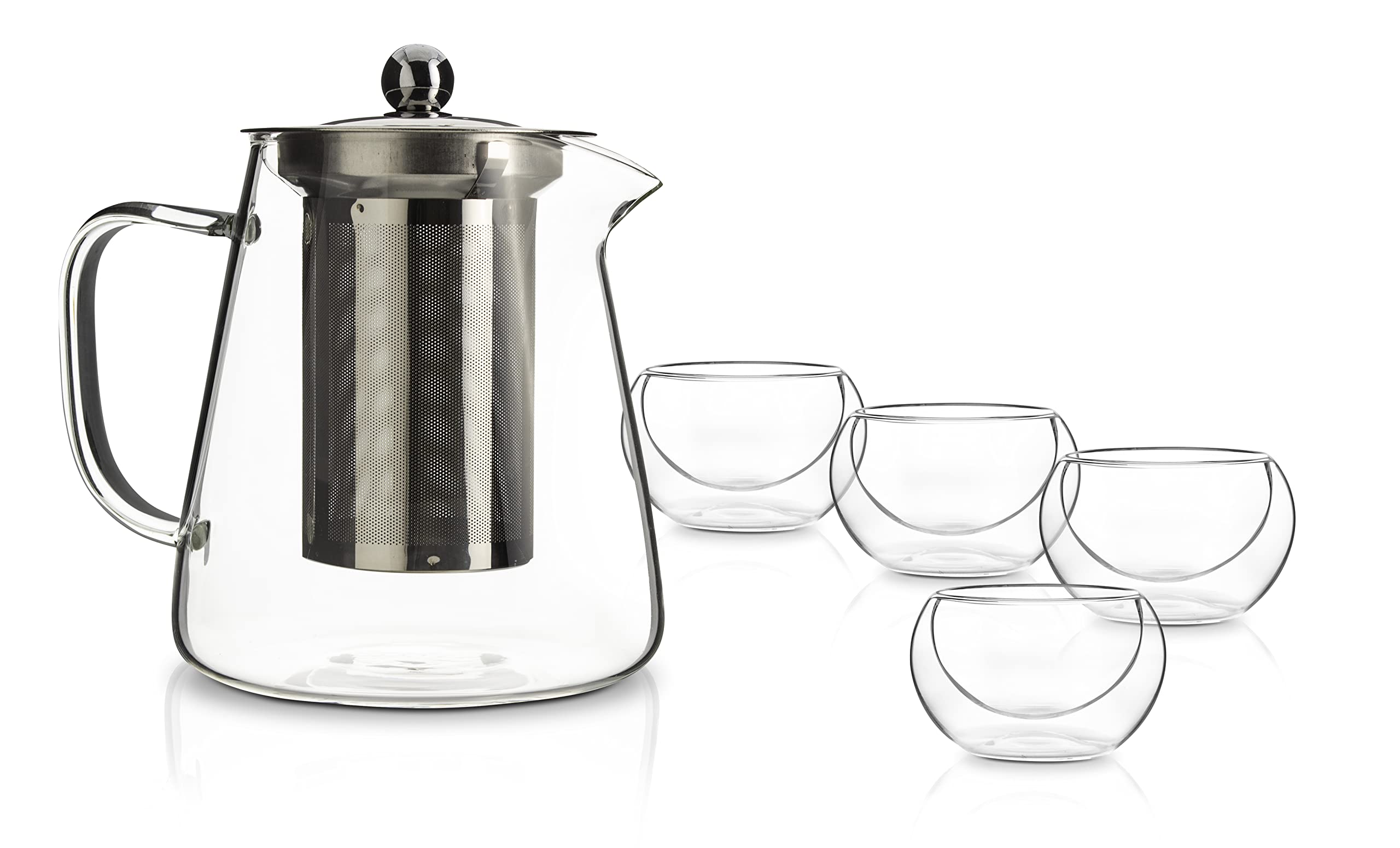 Premium Glass Teapot with Removable Stainless Steel Infuser & 4 Double Wall Glass Cups - Perfect for Loose Leaf Tea Brewing, Iced Tea Making & Gift Giving - Ideal for Home, Office & Tea Party Use