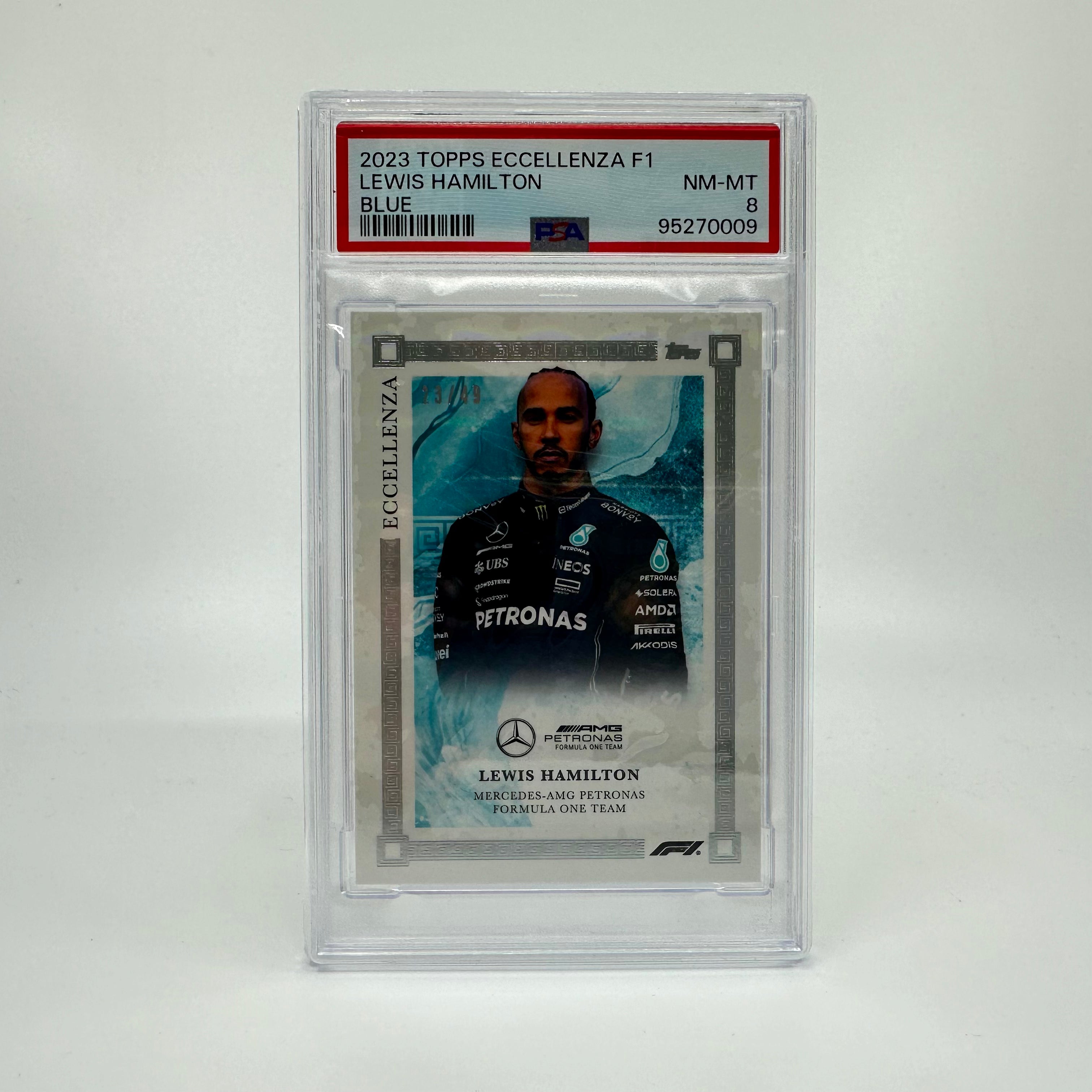 2023 Lewis Hamilton Blue Eccellenza Trading Card PSA 8 23/49 - Perfect for Collectors, Sports Memorabilia Enthusiasts, and Formula 1 Fans