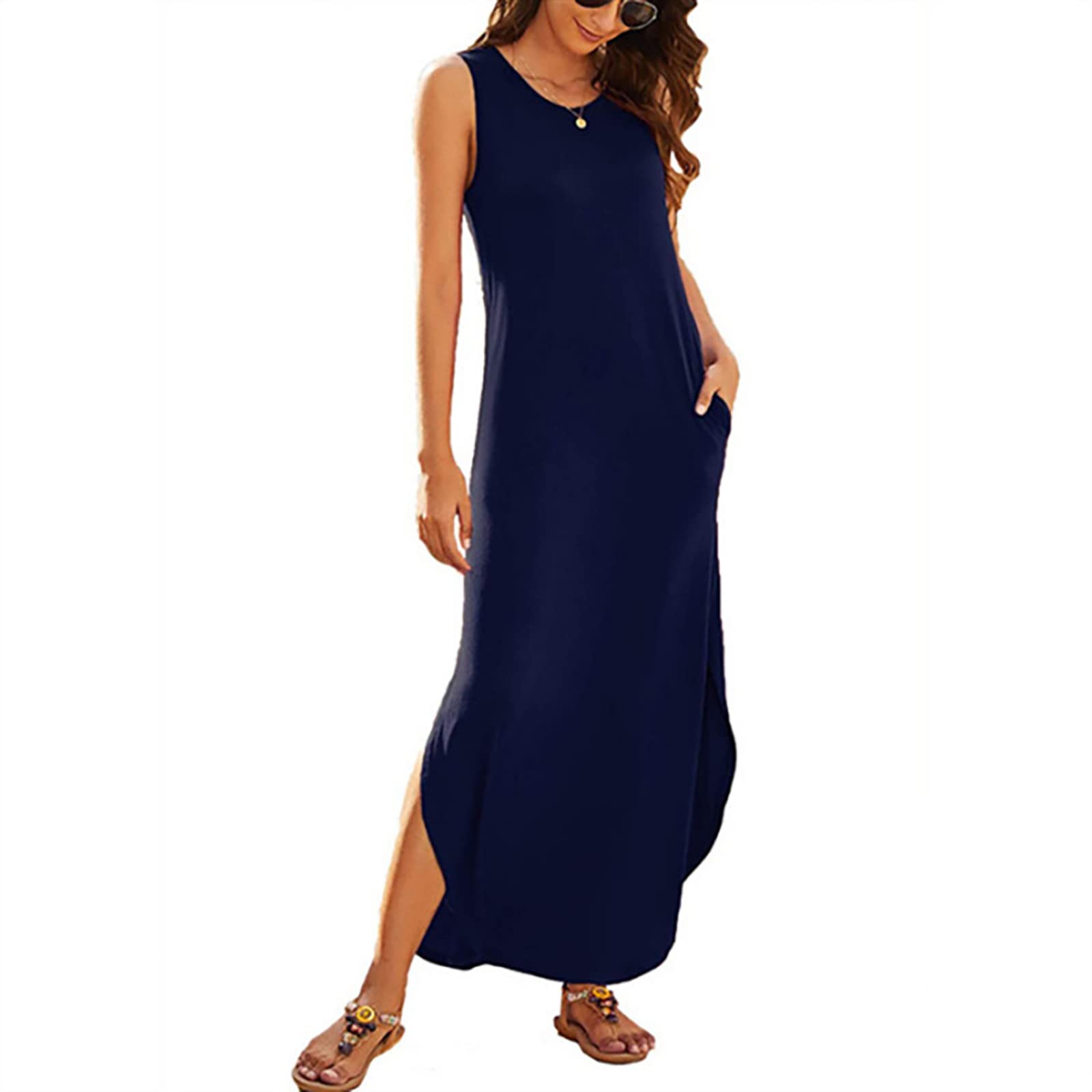 Women's Casual Summer Sleeveless Maxi Dress - Loose Fit with Side Slits & Pockets - Perfect for Beach, Vacation, and Everyday Wear