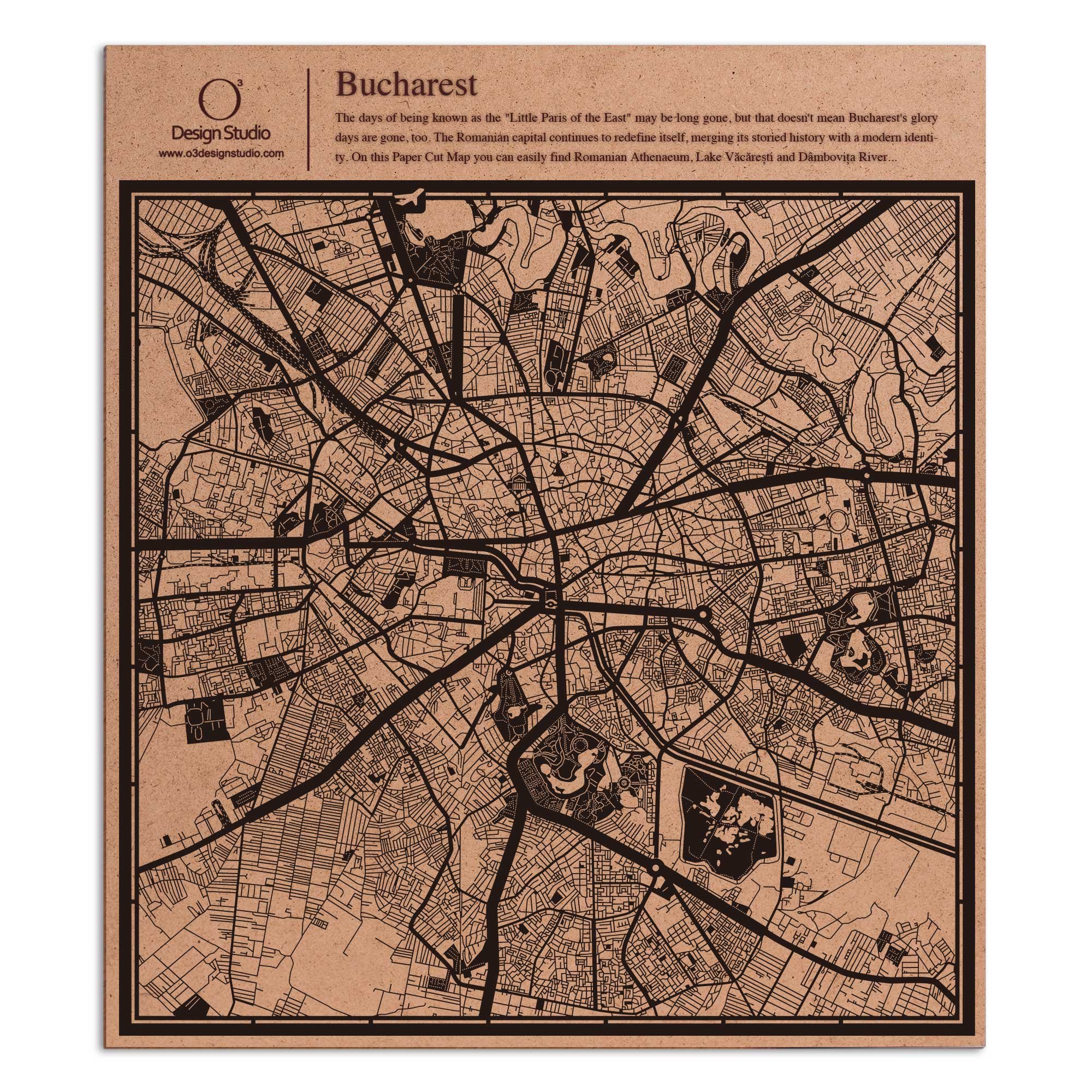 O3 Design Studio Bucharest Paper Cut Map - Black 12x12 Inches - Handmade Paper Art Wall Decor - Perfect for Home, Office & Gift Giving